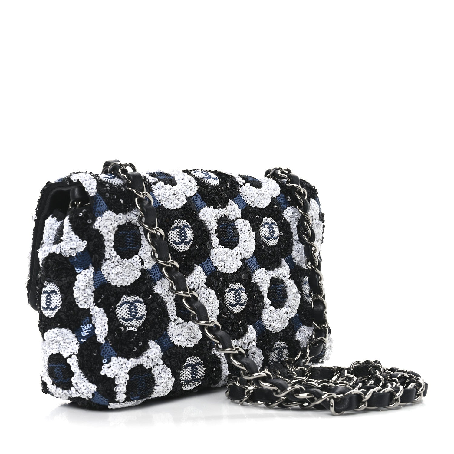 Satin Sequin Embellished Flower Mini Rectangular Flap Black White Blue