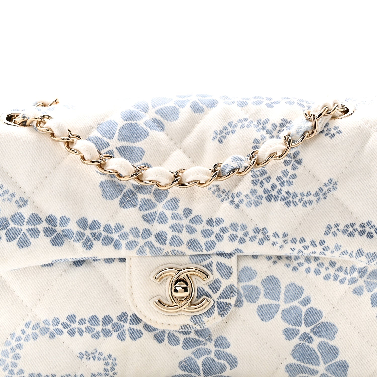 Printed Denim Coco Beach Quilted Small Single Flap Light Blue White