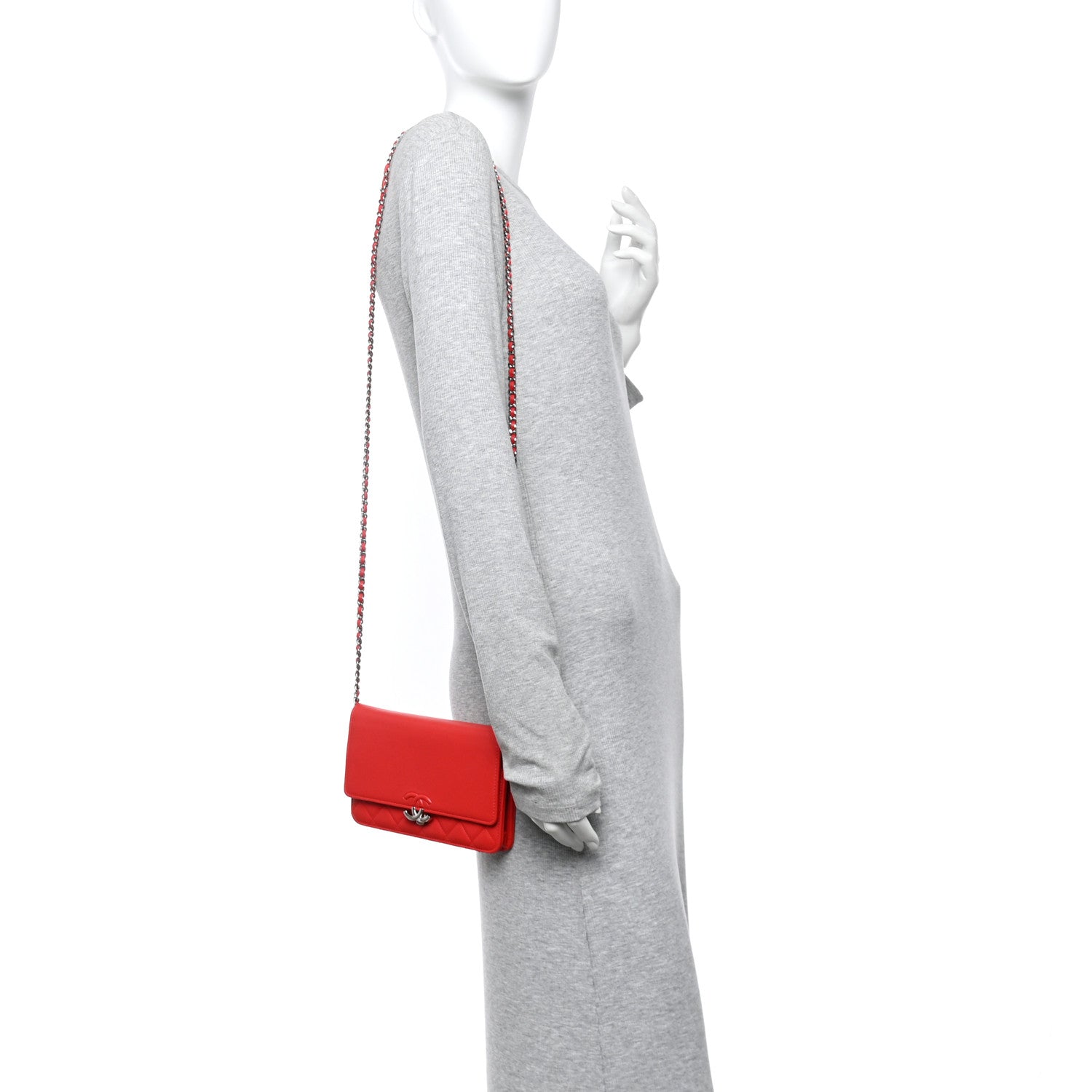 Grained Calfskin Quilted CC Box Wallet On Chain WOC Red