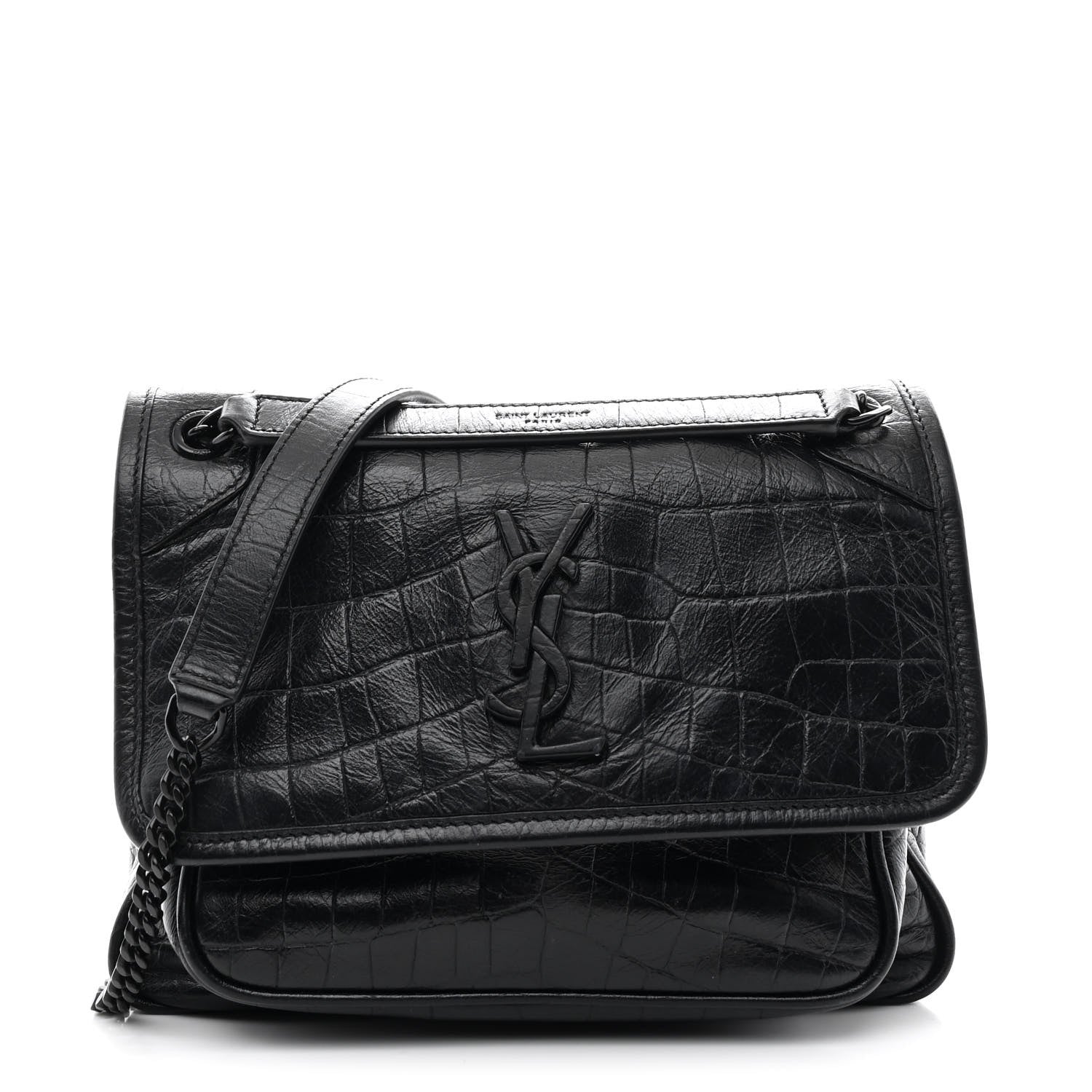 Calfskin Crocodile Embossed Matelasse Monogram Baby Niki Chain Satchel Black