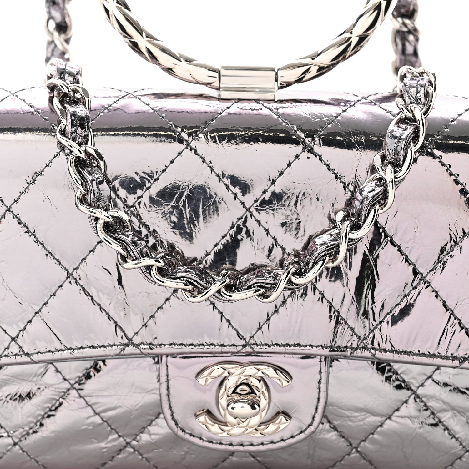 Crumpled Metallic Calfskin Quilted Ring Handle Mini Flap Silver