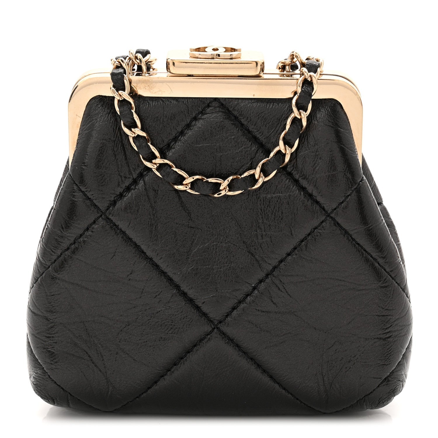 Shiny Aged Lambskin Quilted Kiss Lock Clutch With Chain Black