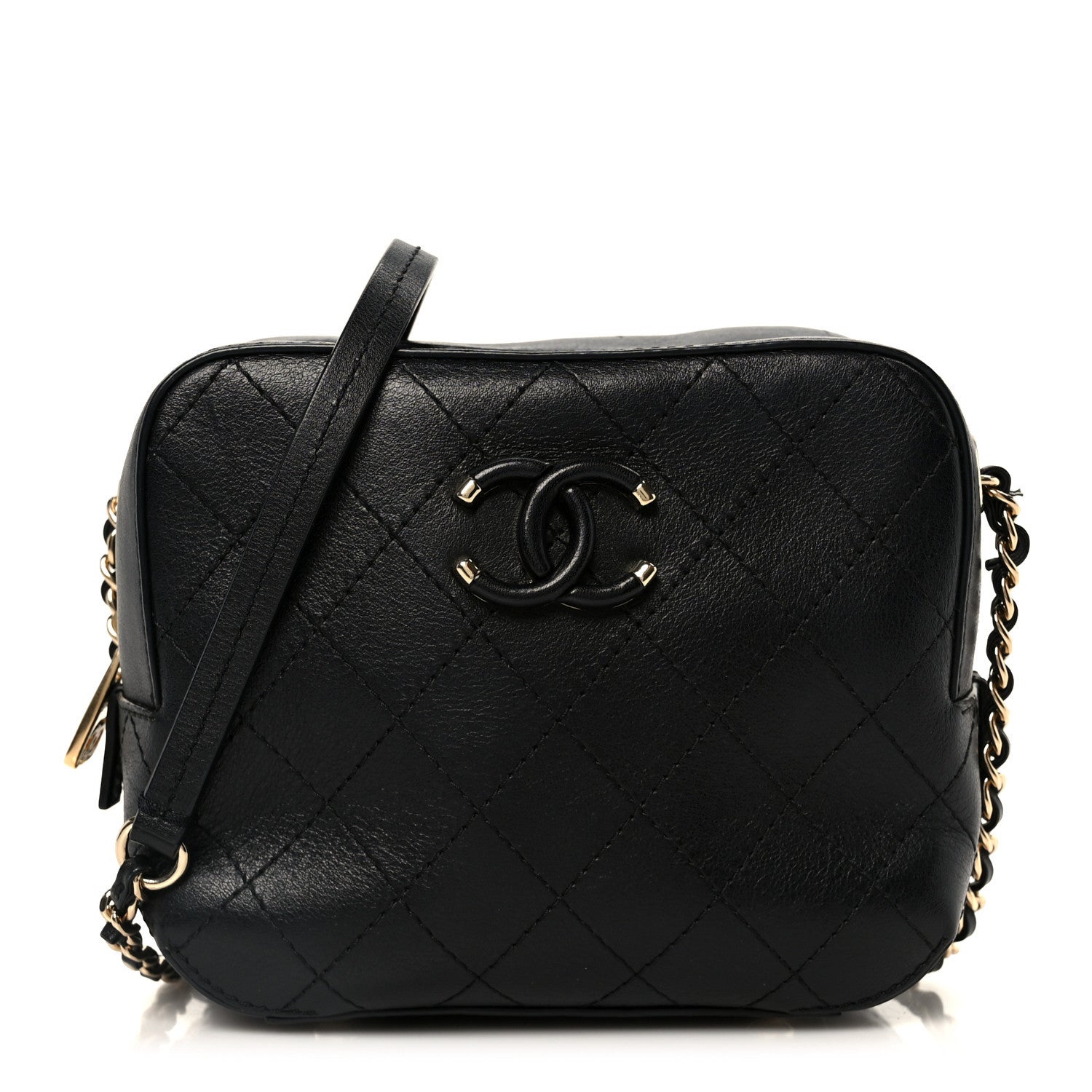 Calfskin Stitched Covered CC Camera Case Bag Black