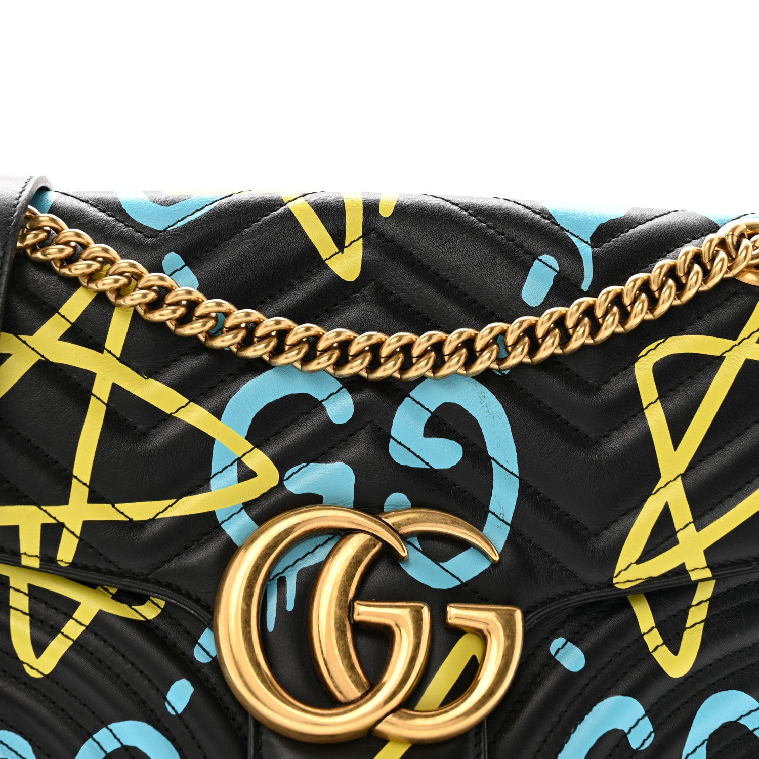 Calfskin Matelasse GucciGhost Medium GG Marmont Shoulder Bag Black New Acquamarine