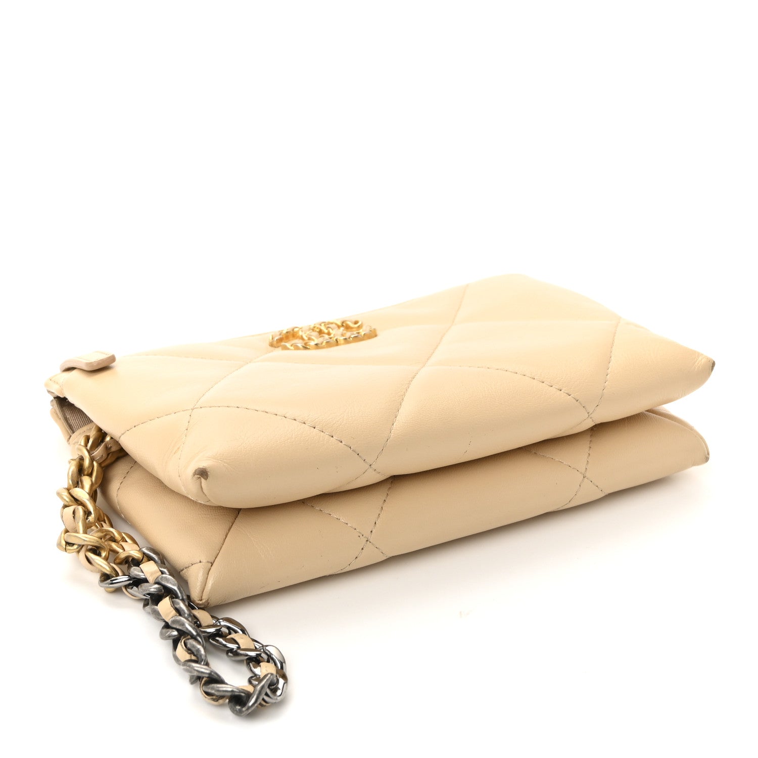 Shiny Goatskin Quilted Chanel 19 Small Pouch With Handle Beige