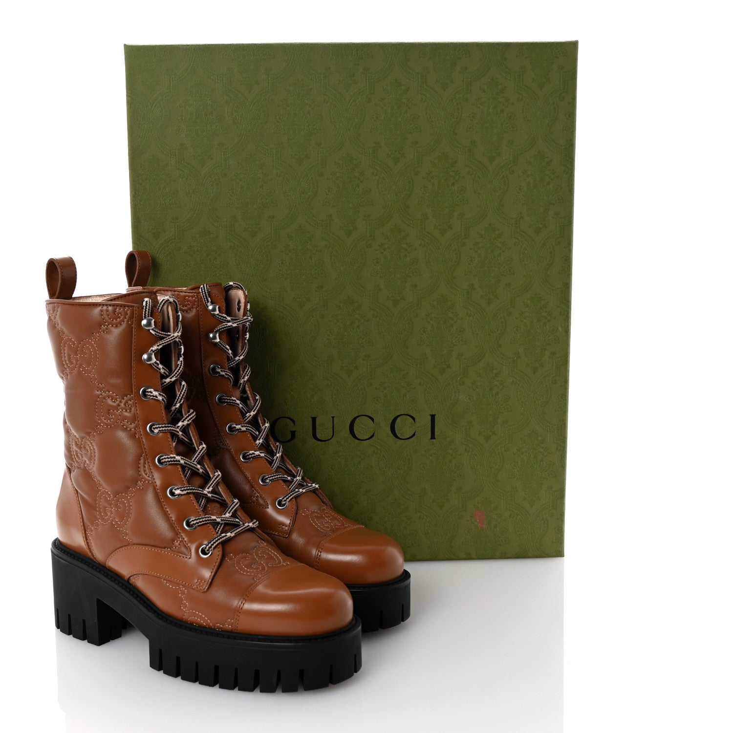 Cordovan Lux Nappa GG Matelasse Lace Up 60mm Combat Boots 36 Dark Hazel Brown