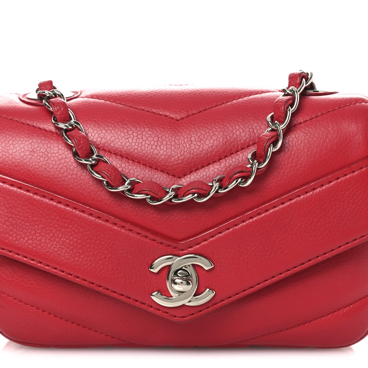Caviar Chevron Quilted Small Single Flap Red