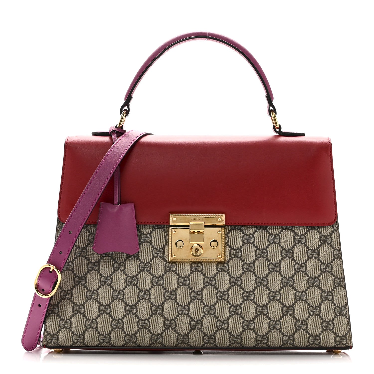 GG Supreme Monogram Calfskin Medium Padlock Top Handle Bag Beige Hibiscus Red New Rosette