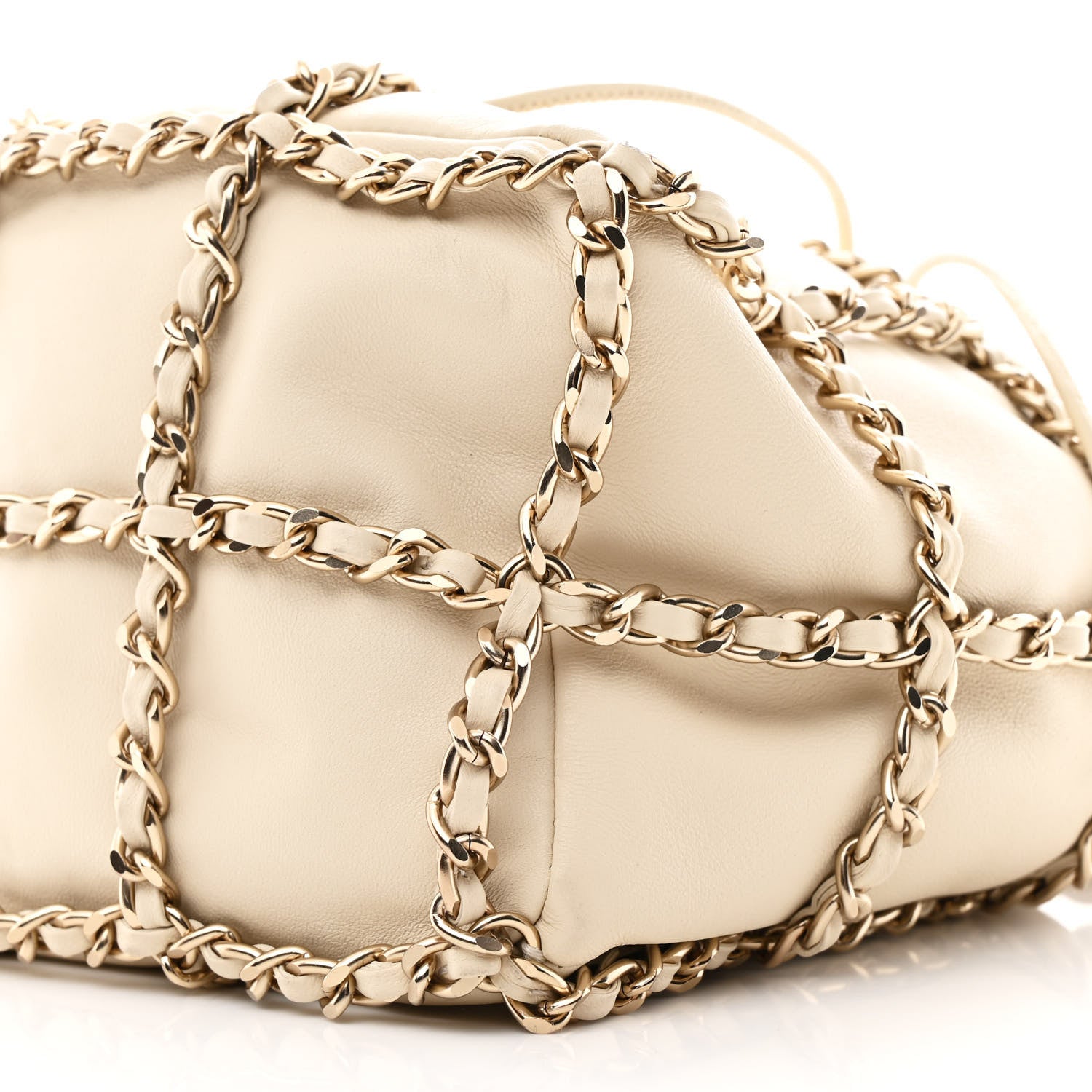 Lambskin Bucket Chain Drawstring Bag Beige