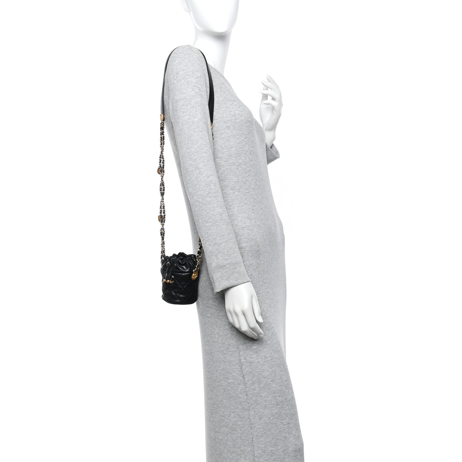 Caviar Quilted Twist Your Buttons Micro Bucket Bag Black