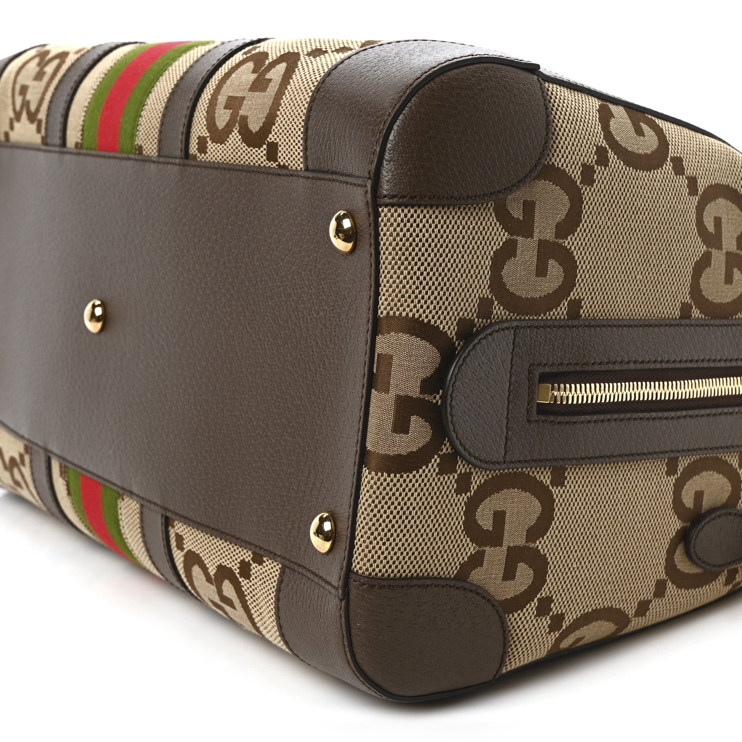 Monogram Jumbo GG Textured Dollar Calfskin Web Medium Duffle Bag Camel Ebony