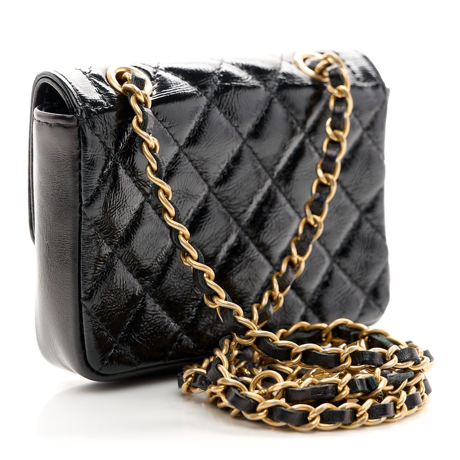 Shiny Aged Calfskin Quilted Waist Belt Bag Black