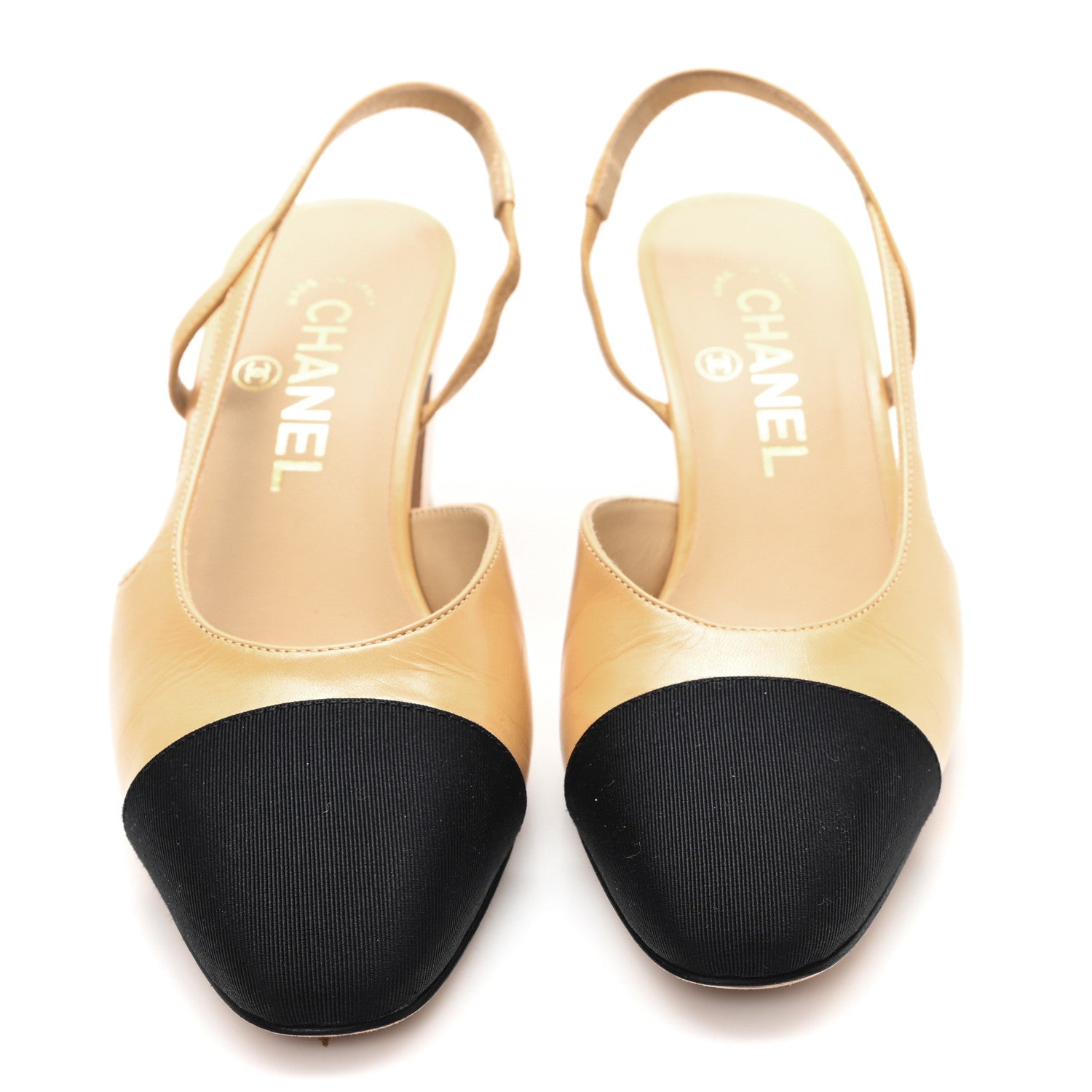 Lambskin Grosgrain Cap Toe CC Slingback Pumps 36 Beige Black