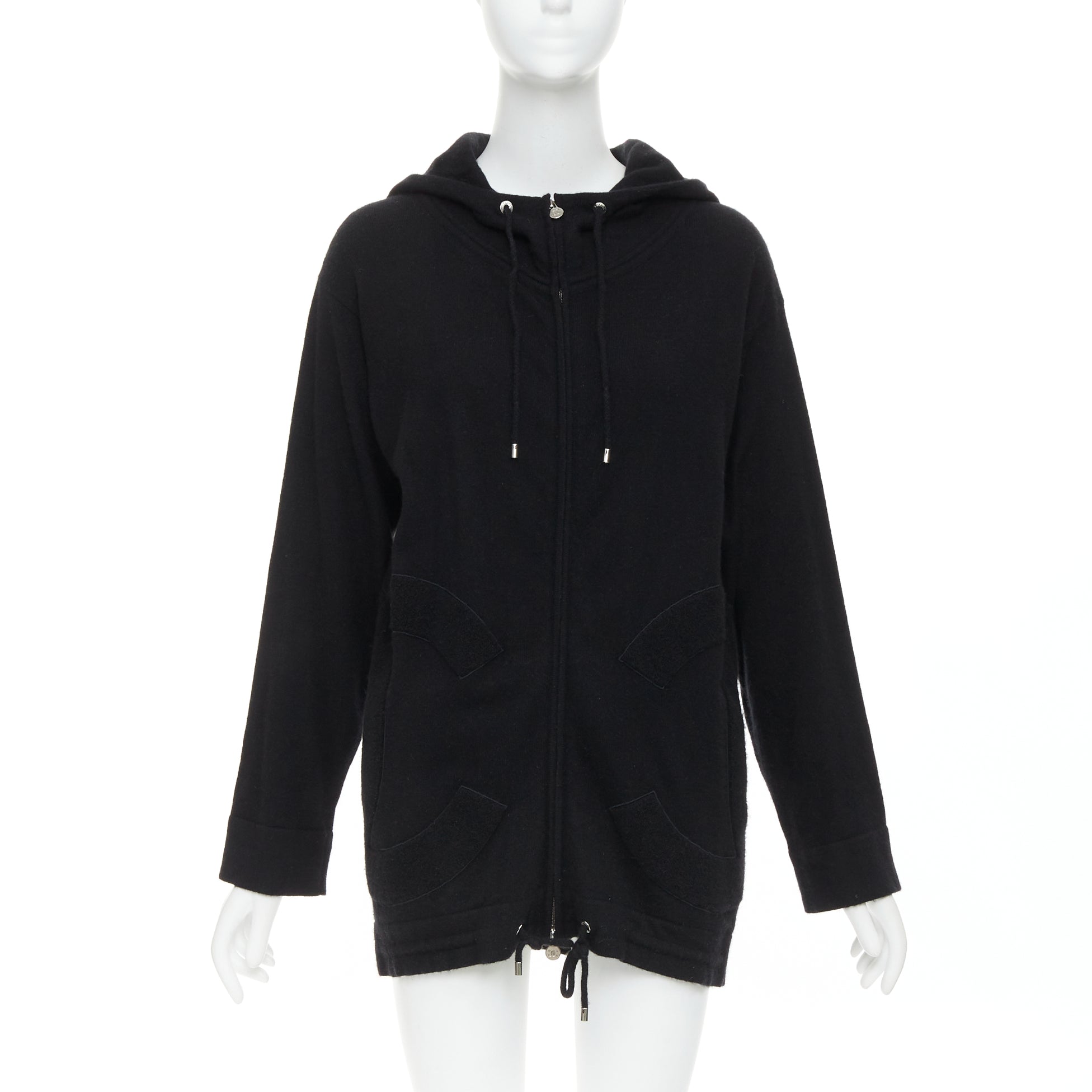 Women's Chanel 2015 Karl Lagerfeld 100% cashmere black double CC pockets hoodie