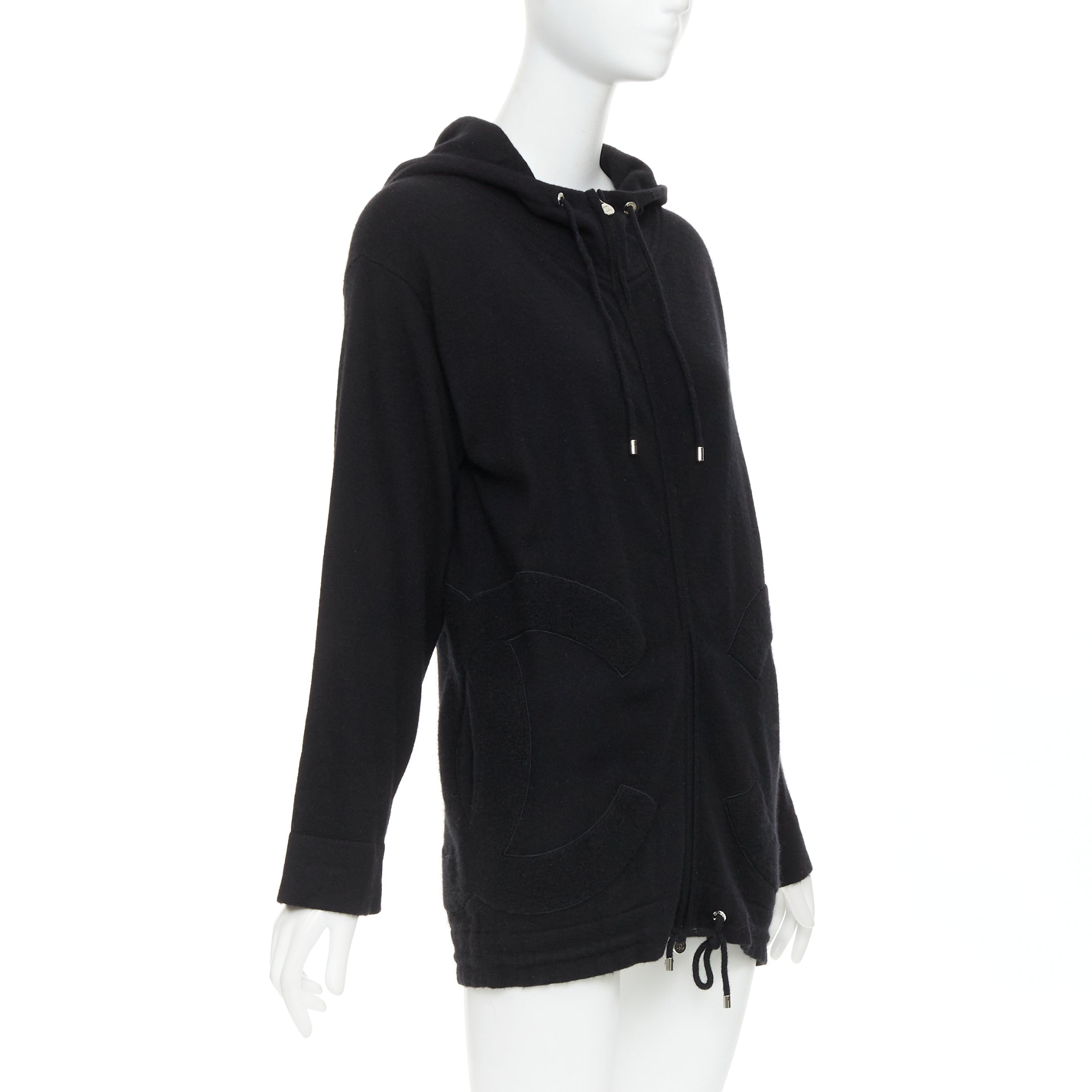 Women's Chanel 2015 Karl Lagerfeld 100% cashmere black double CC pockets hoodie