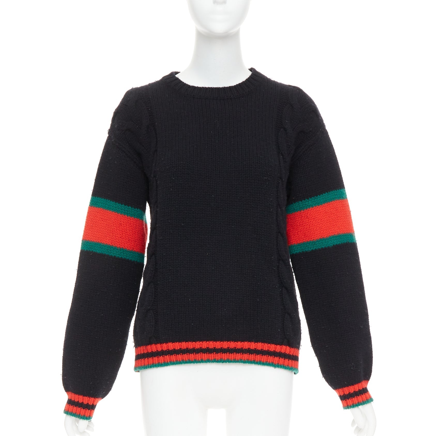 Women's Gucci 2021 black wool red green trim cable braid crew neck sweater