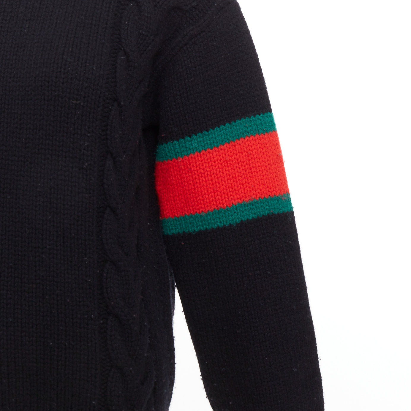 Women's Gucci 2021 black wool red green trim cable braid crew neck sweater