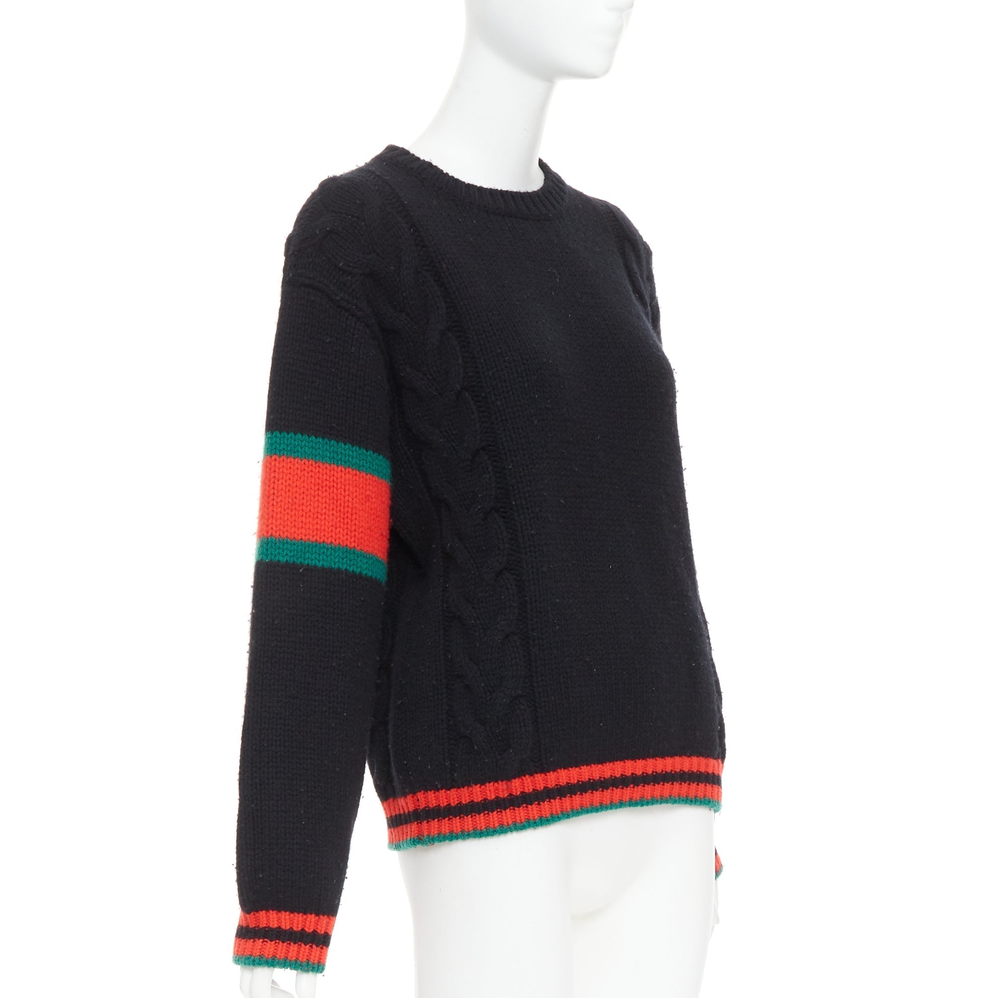 Women's Gucci 2021 black wool red green trim cable braid crew neck sweater