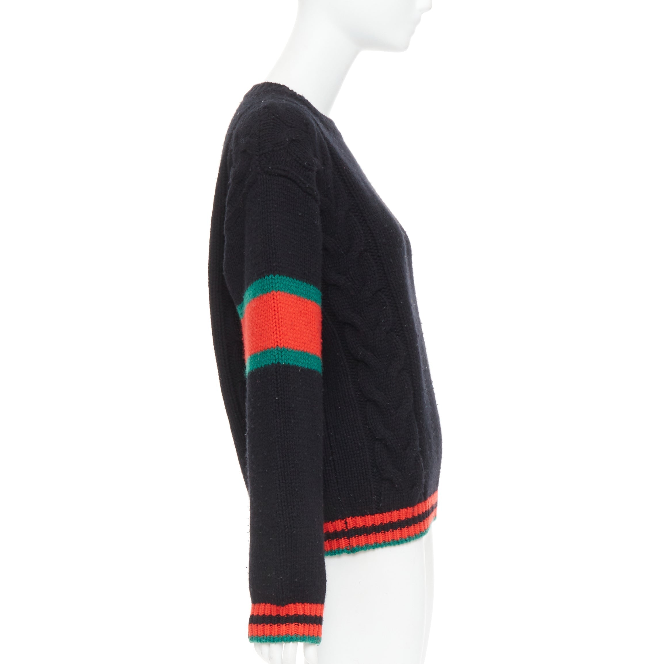 Women's Gucci 2021 black wool red green trim cable braid crew neck sweater