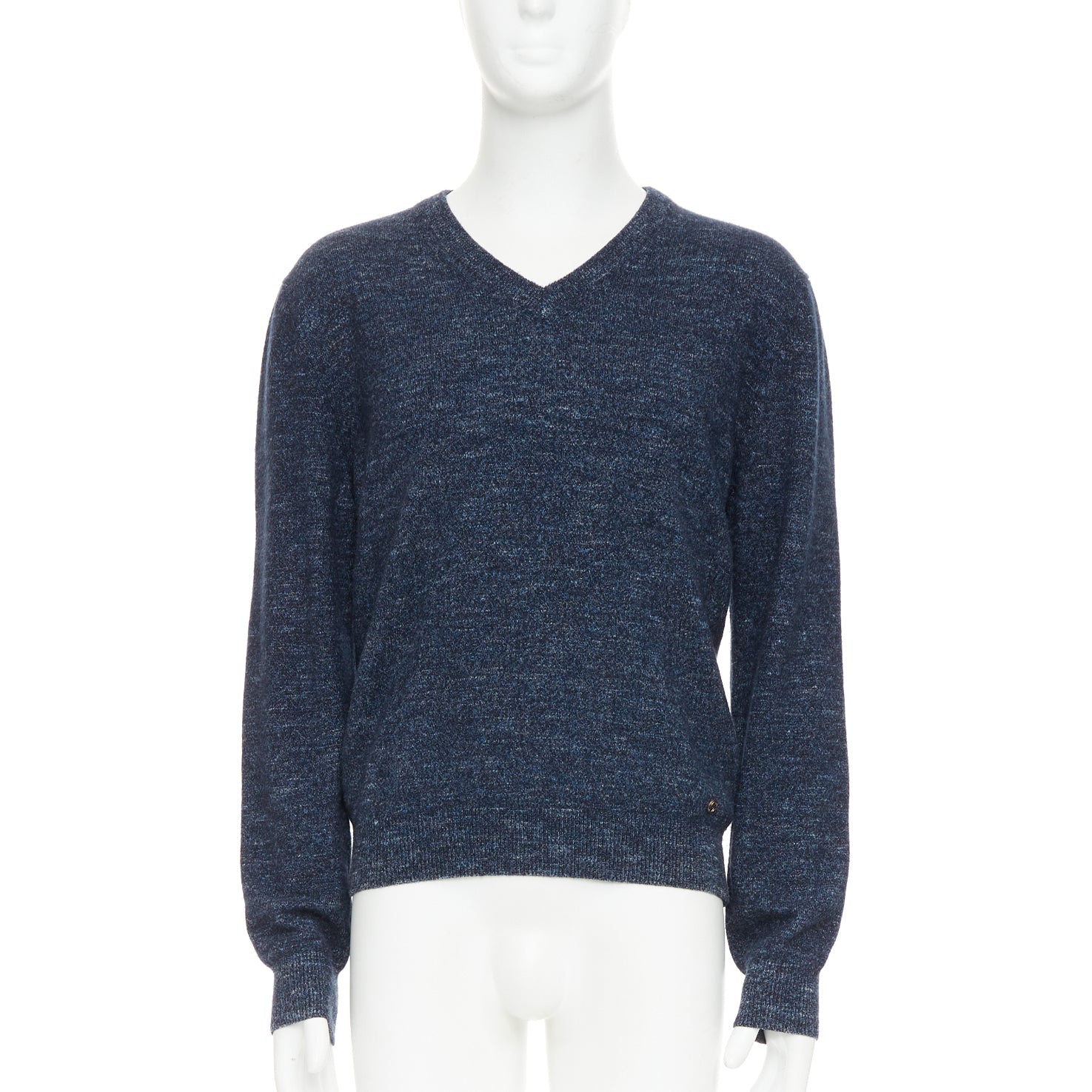 Men's Gucci navy wool silk cashmere melange V neck GG logo charm sweater