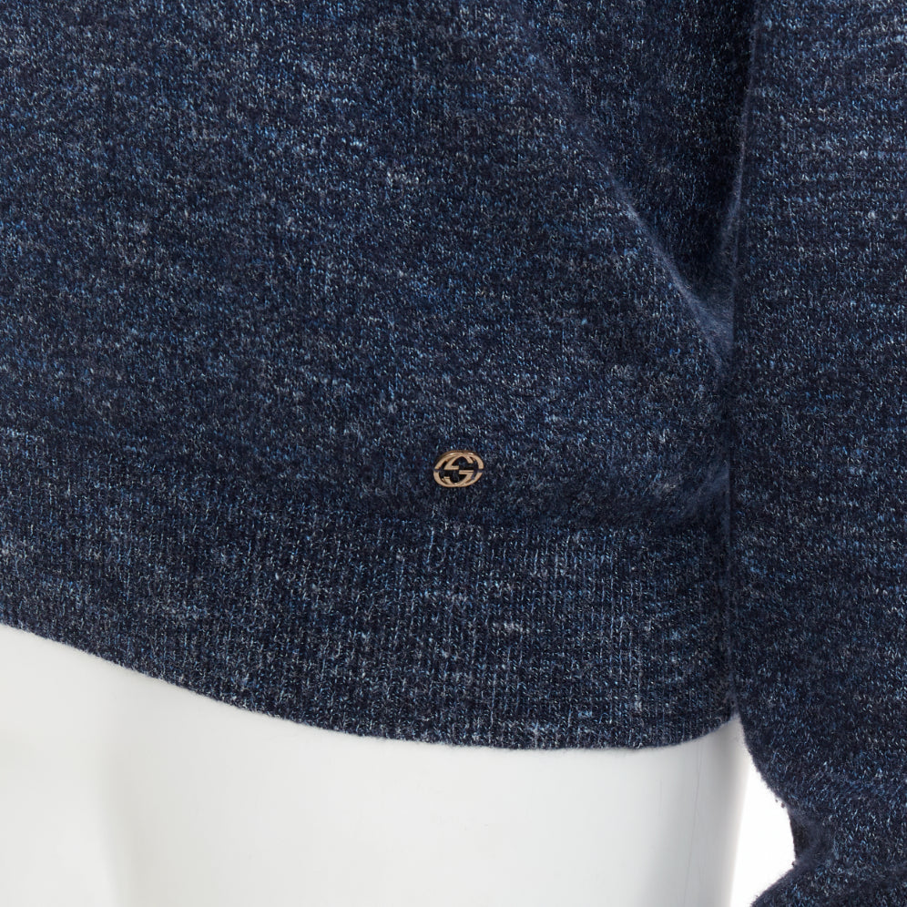 Men's Gucci navy wool silk cashmere melange V neck GG logo charm sweater