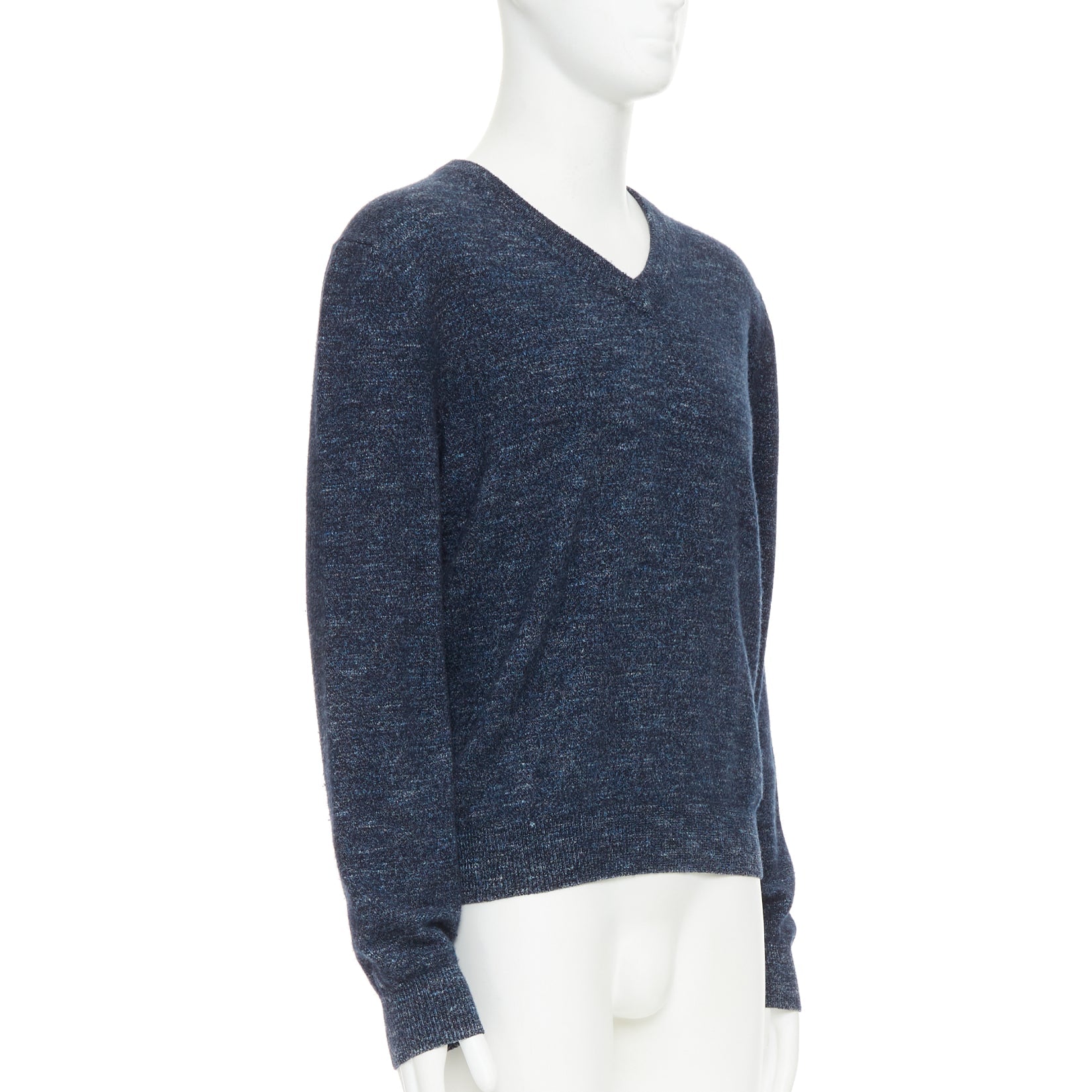 Men's Gucci navy wool silk cashmere melange V neck GG logo charm sweater