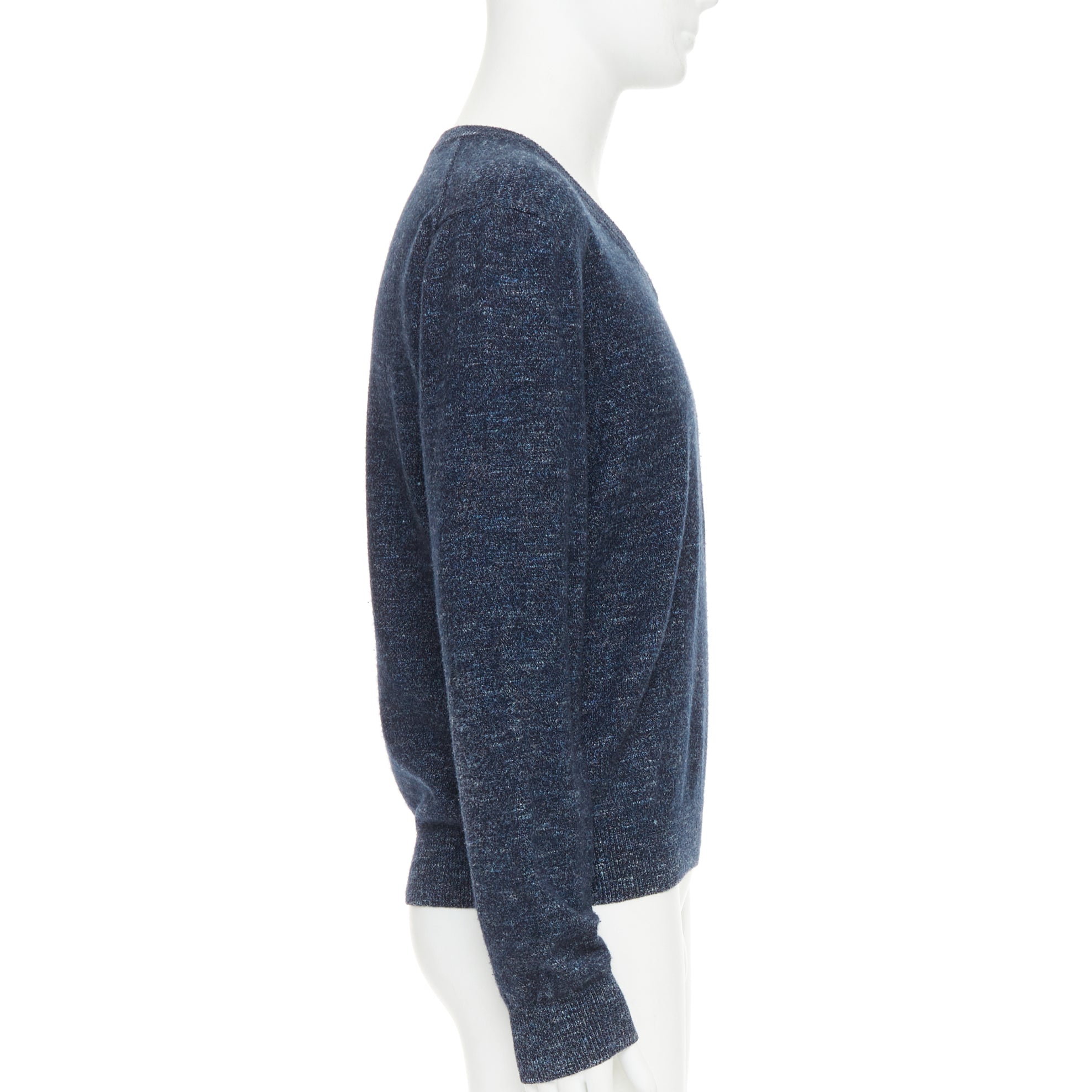 Men's Gucci navy wool silk cashmere melange V neck GG logo charm sweater