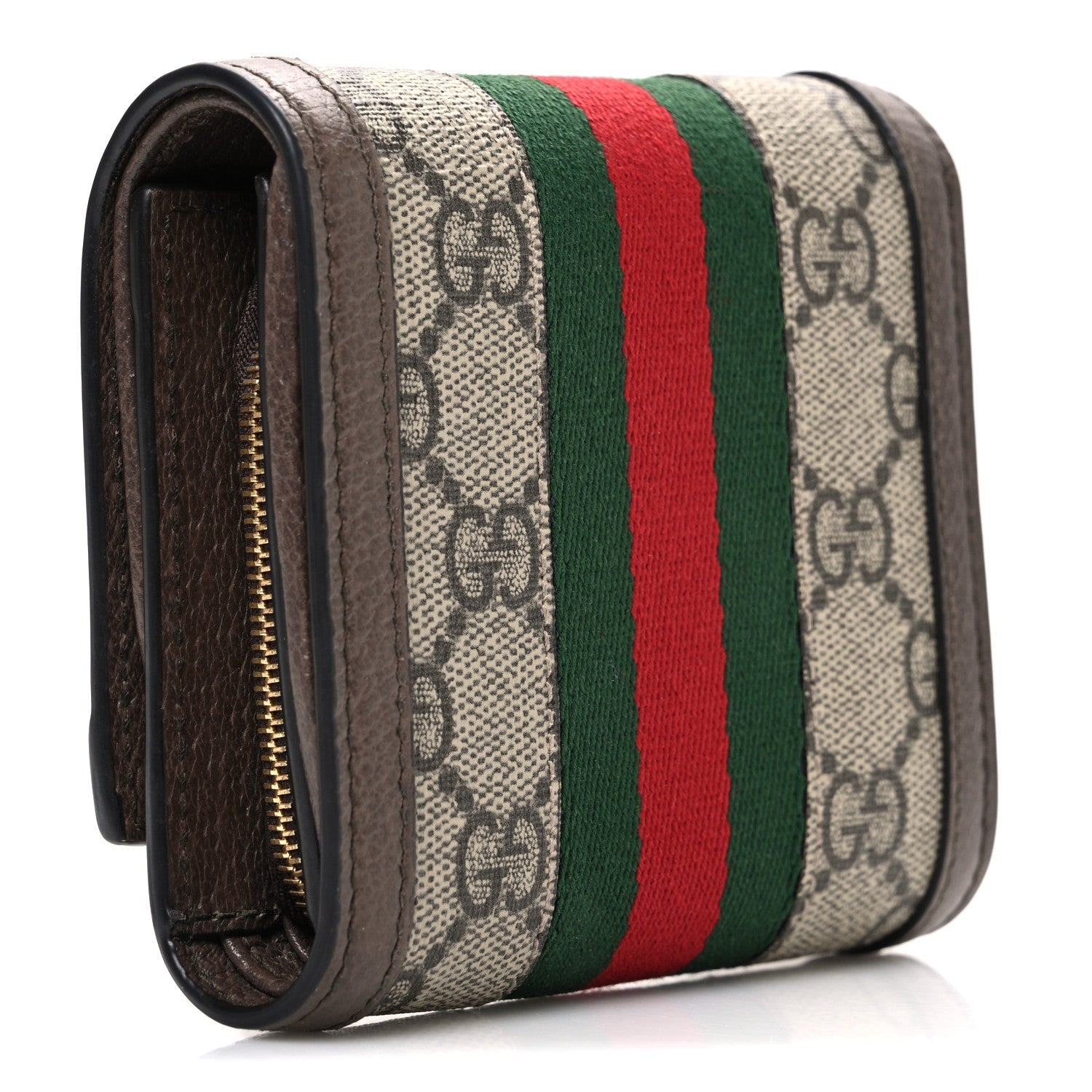 GG Supreme Monogram Textured Calfskin Web Ophidia Card Case Wallet Beige Ebony New Acero