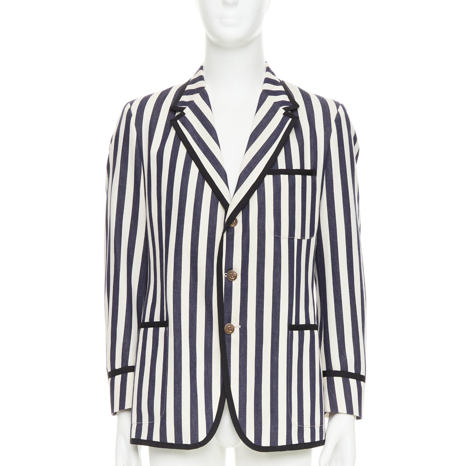 Men's Gucci navy cream cotton anchor buttons striped nautical blazer