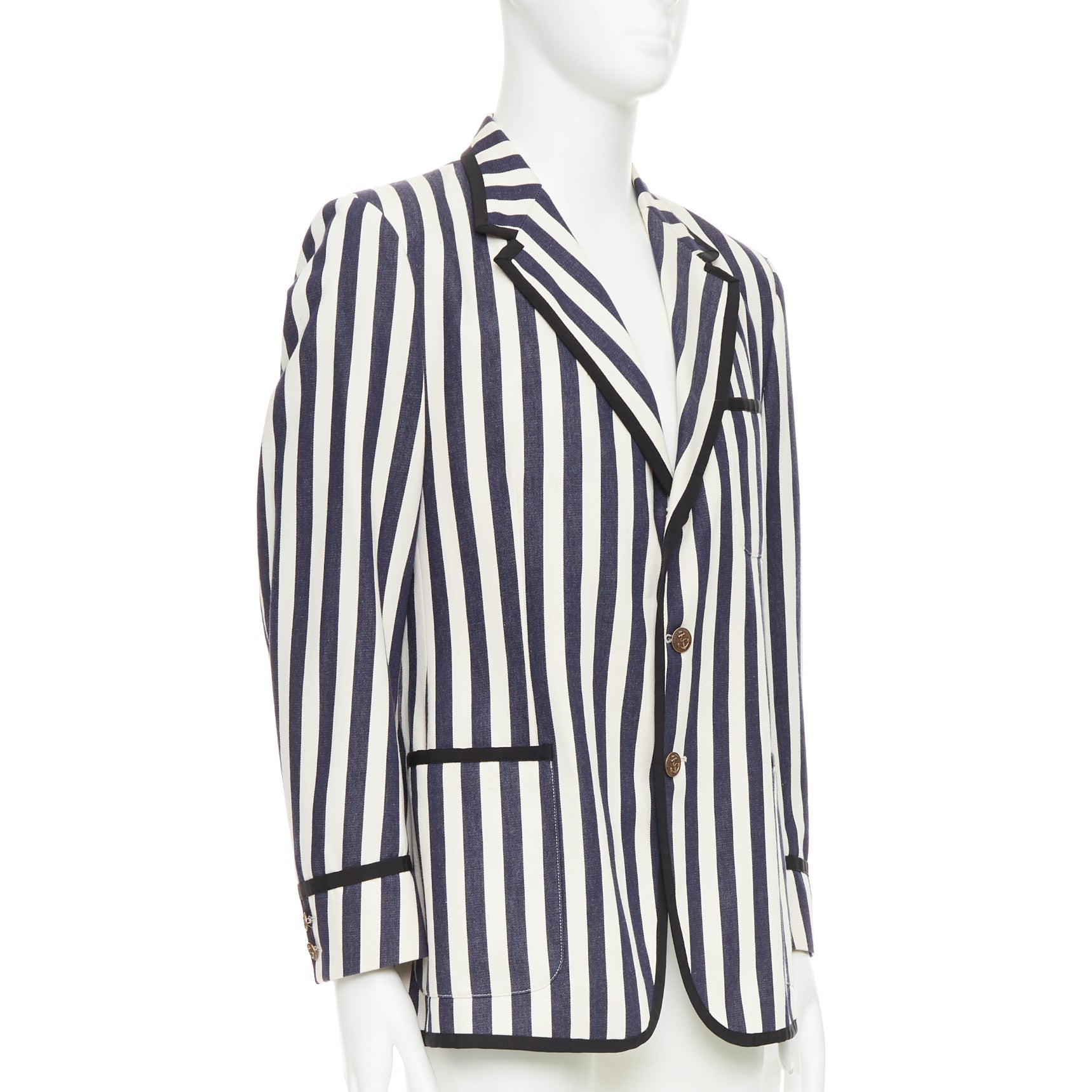 Men's Gucci navy cream cotton anchor buttons striped nautical blazer