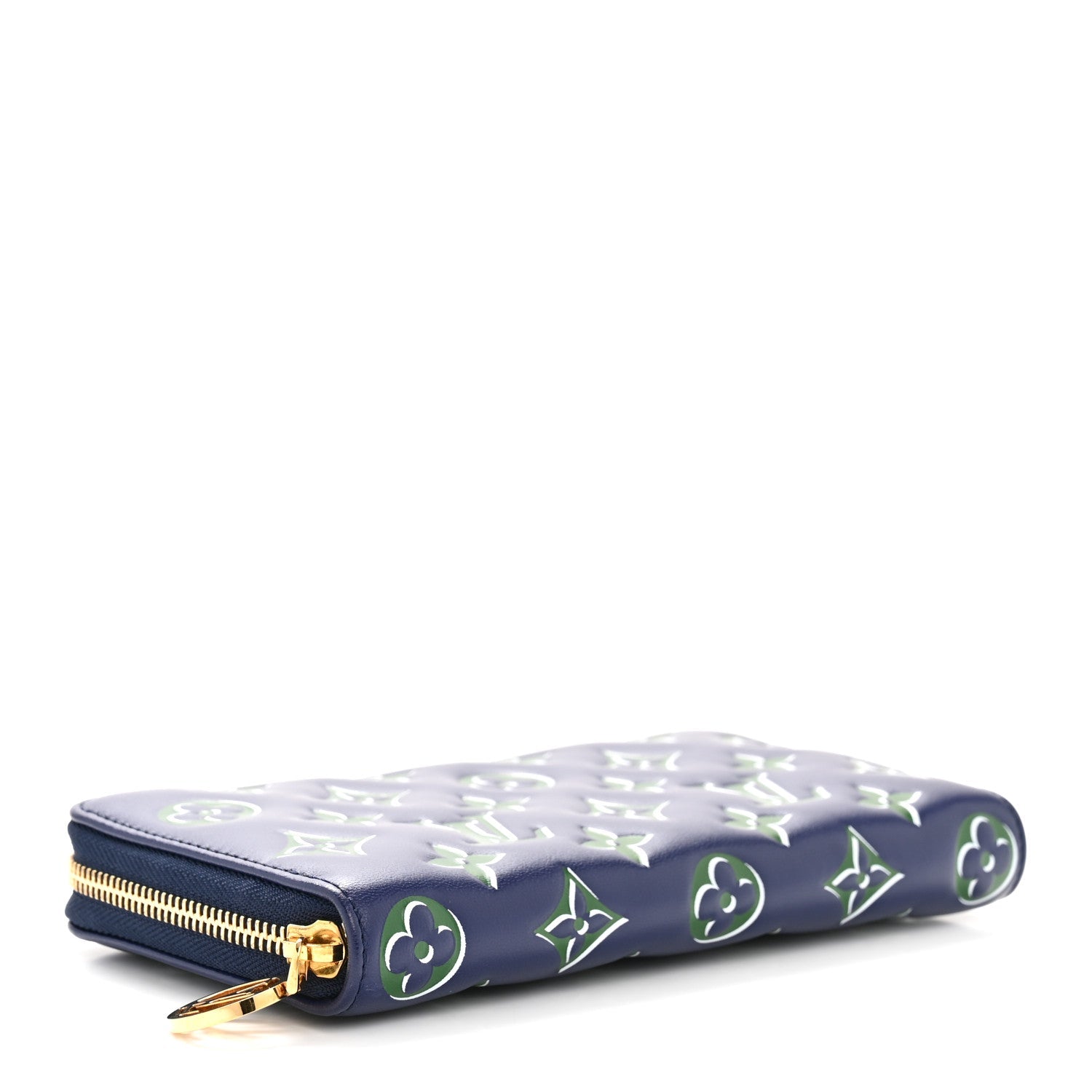Lambskin Embossed Monogram LV Coussin Zippy Wallet Blue Green