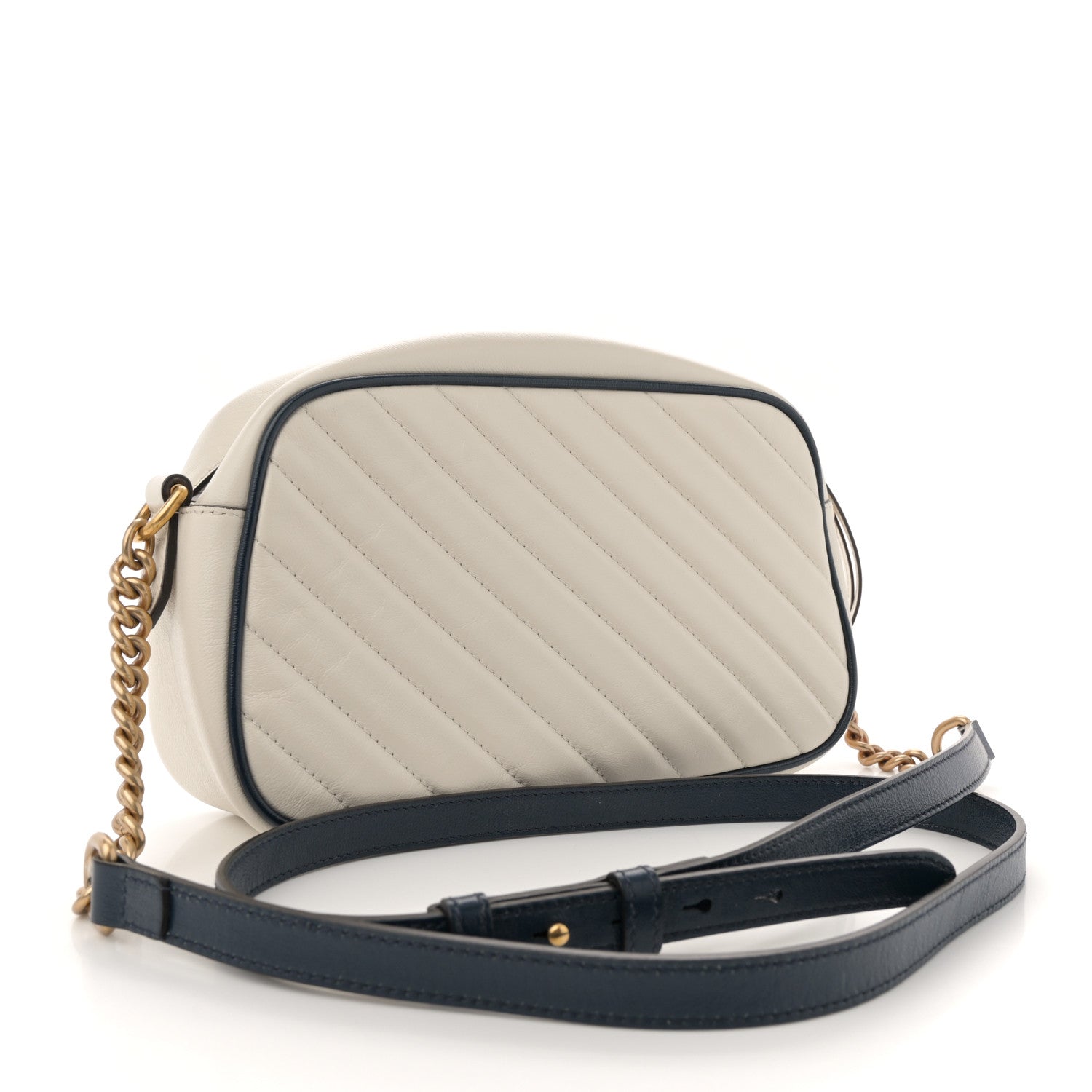 Vintage Effect Calfskin Matelasse Diagonal Small Torchon GG Marmont Chain Shoulder Bag Mystic White Blue Agata