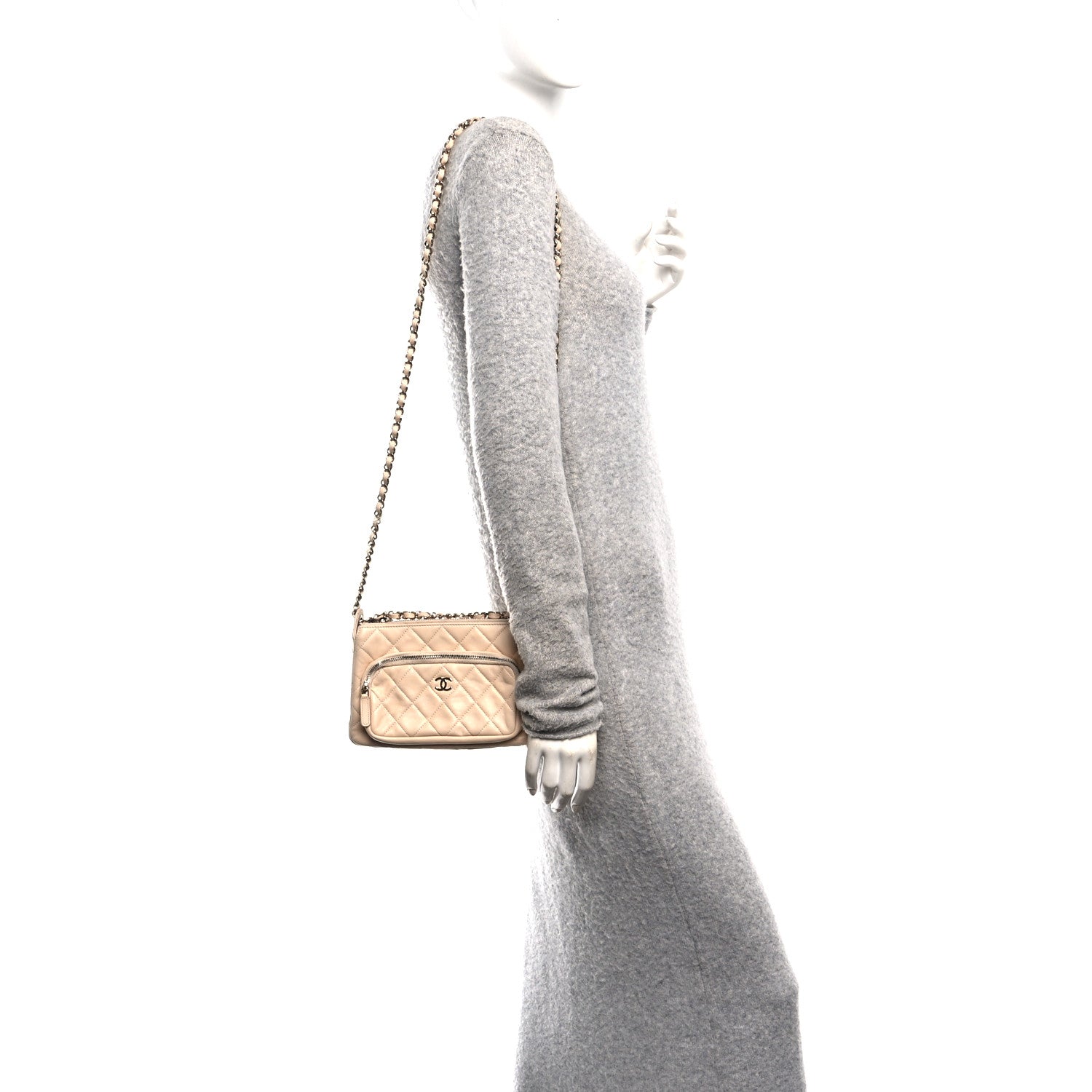 Shiny Crumpled Lambskin Quilted Small Preppy Pocket Clutch With Chain Beige