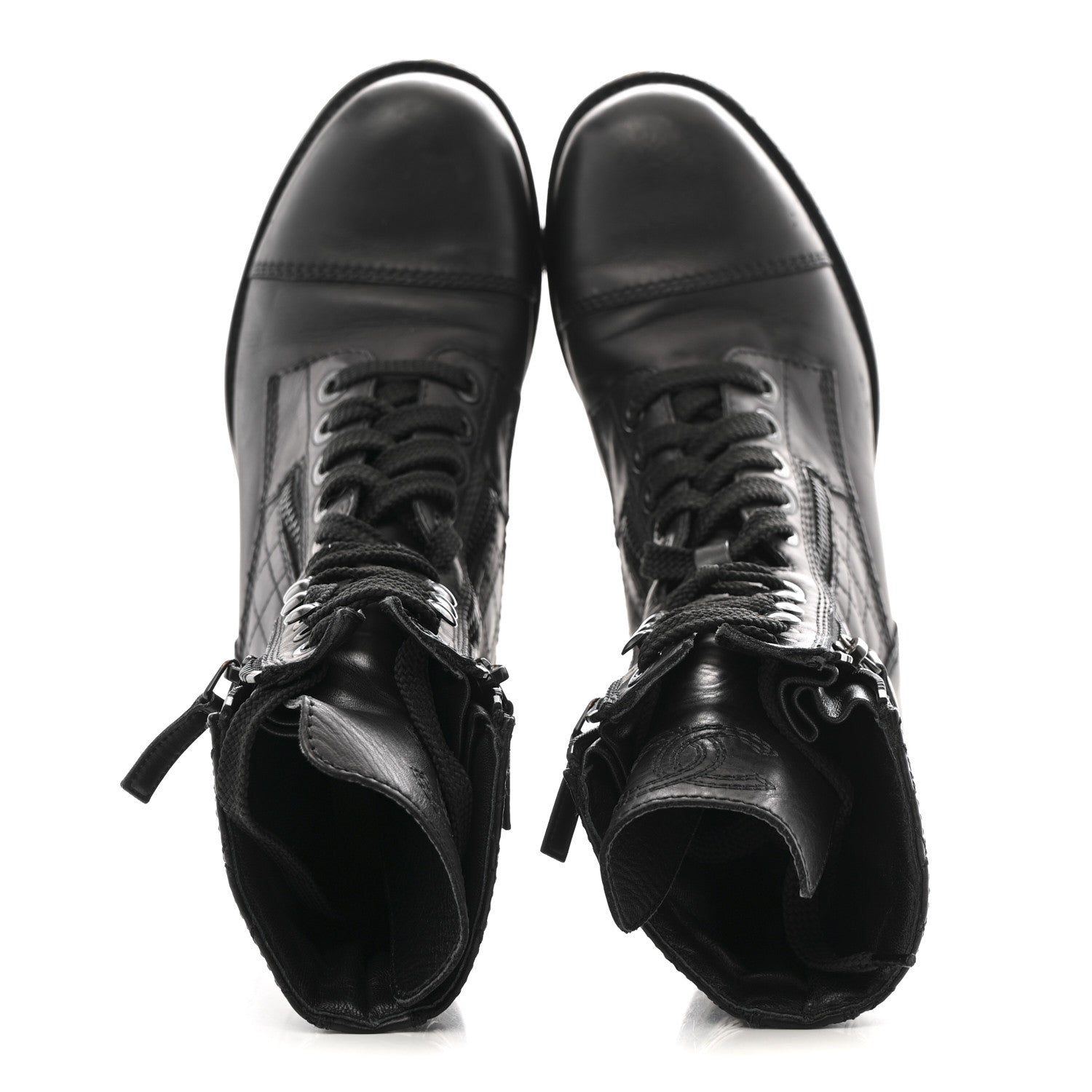 Calfskin Quilted Lace Up Combat Boots  38 Black