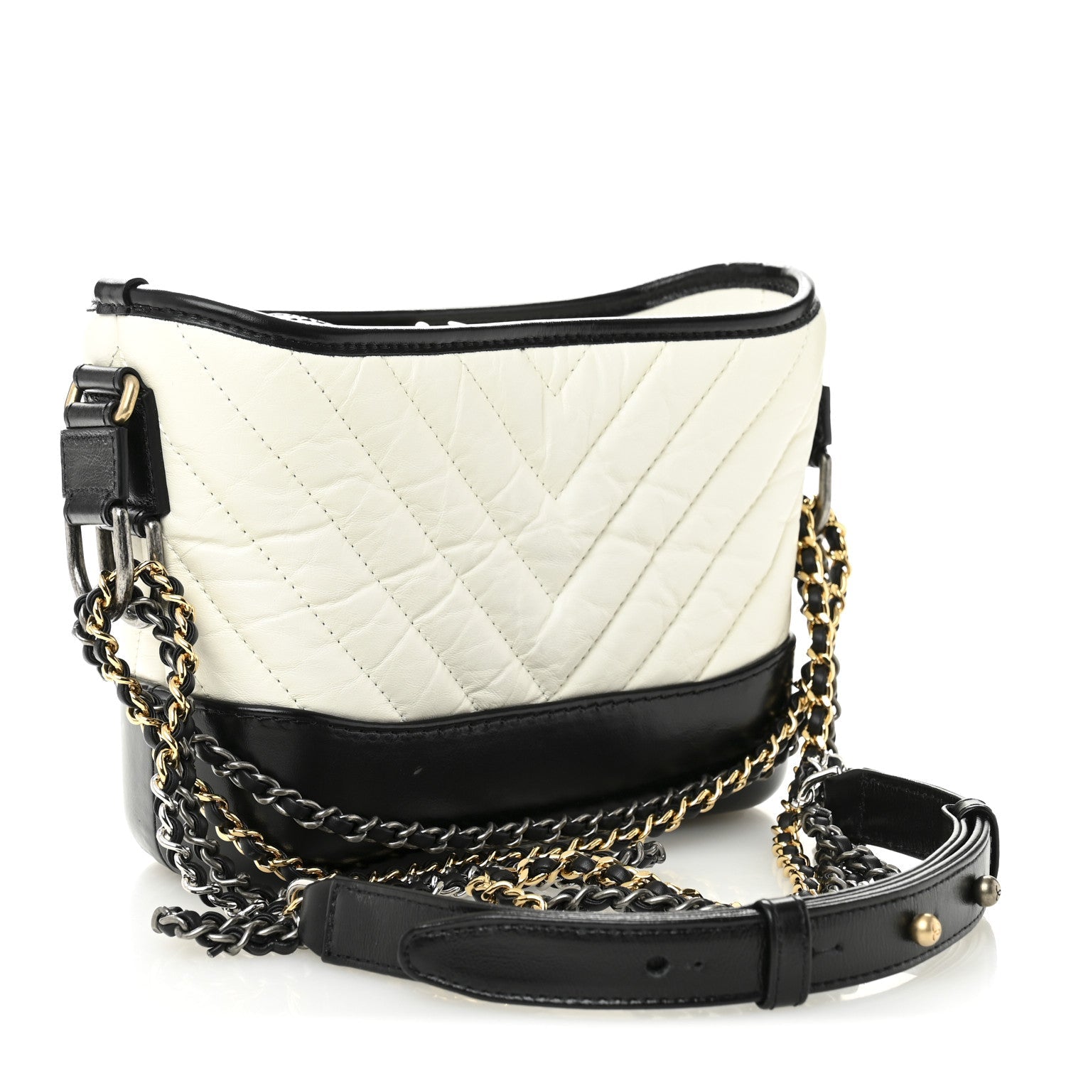 Aged Calfskin Chevron Quilted Small Gabrielle Hobo Black White