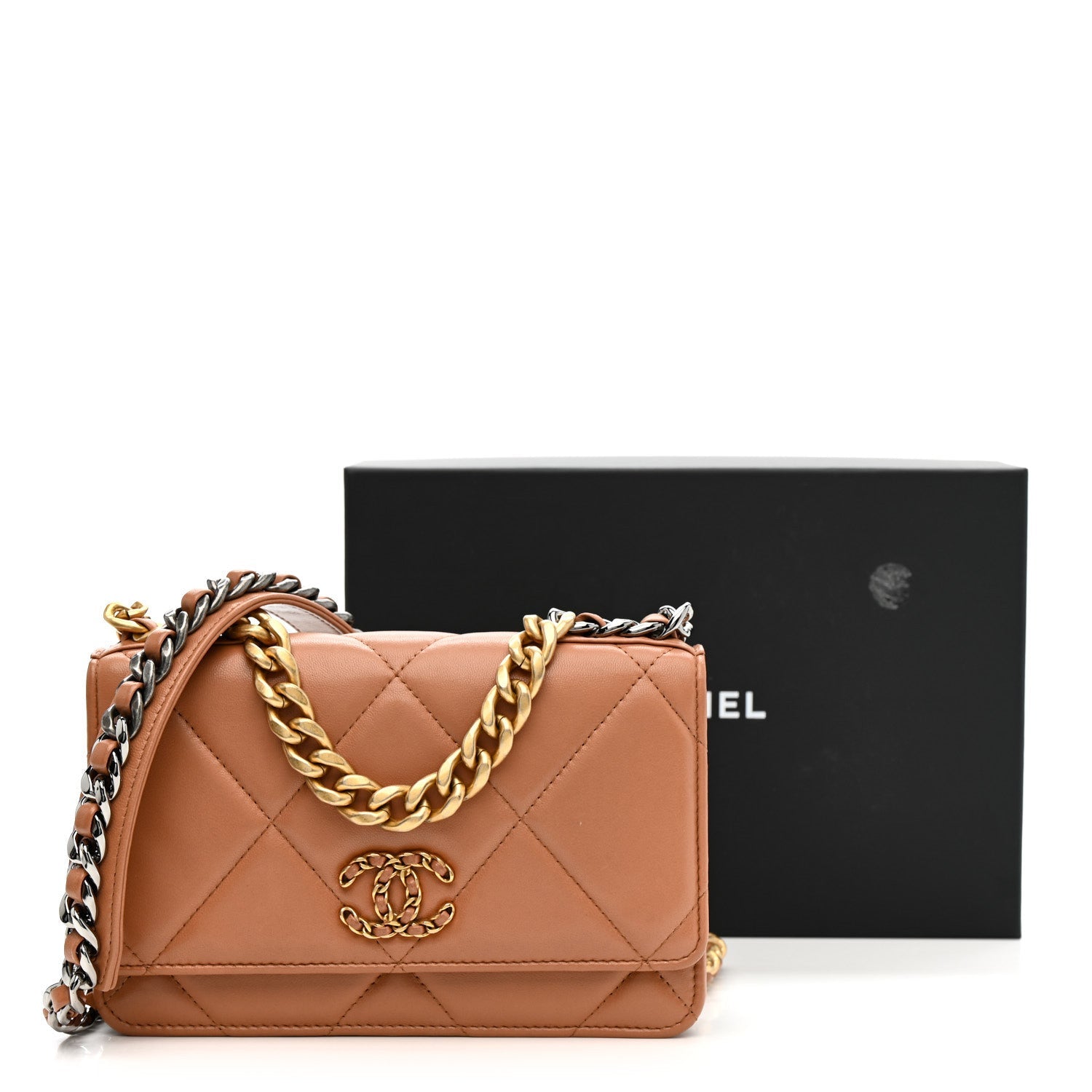Lambskin Quilted Chanel 19 Wallet On Chain WOC Brown