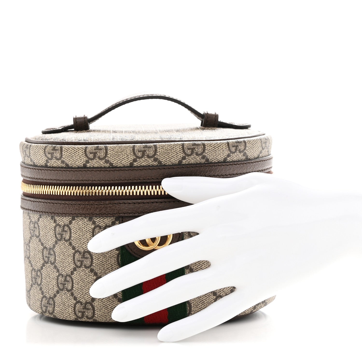 GG Supreme Monogram Textured Calfskin Web Ophidia Vanity Cosmetic Case Beige Ebony New Acero