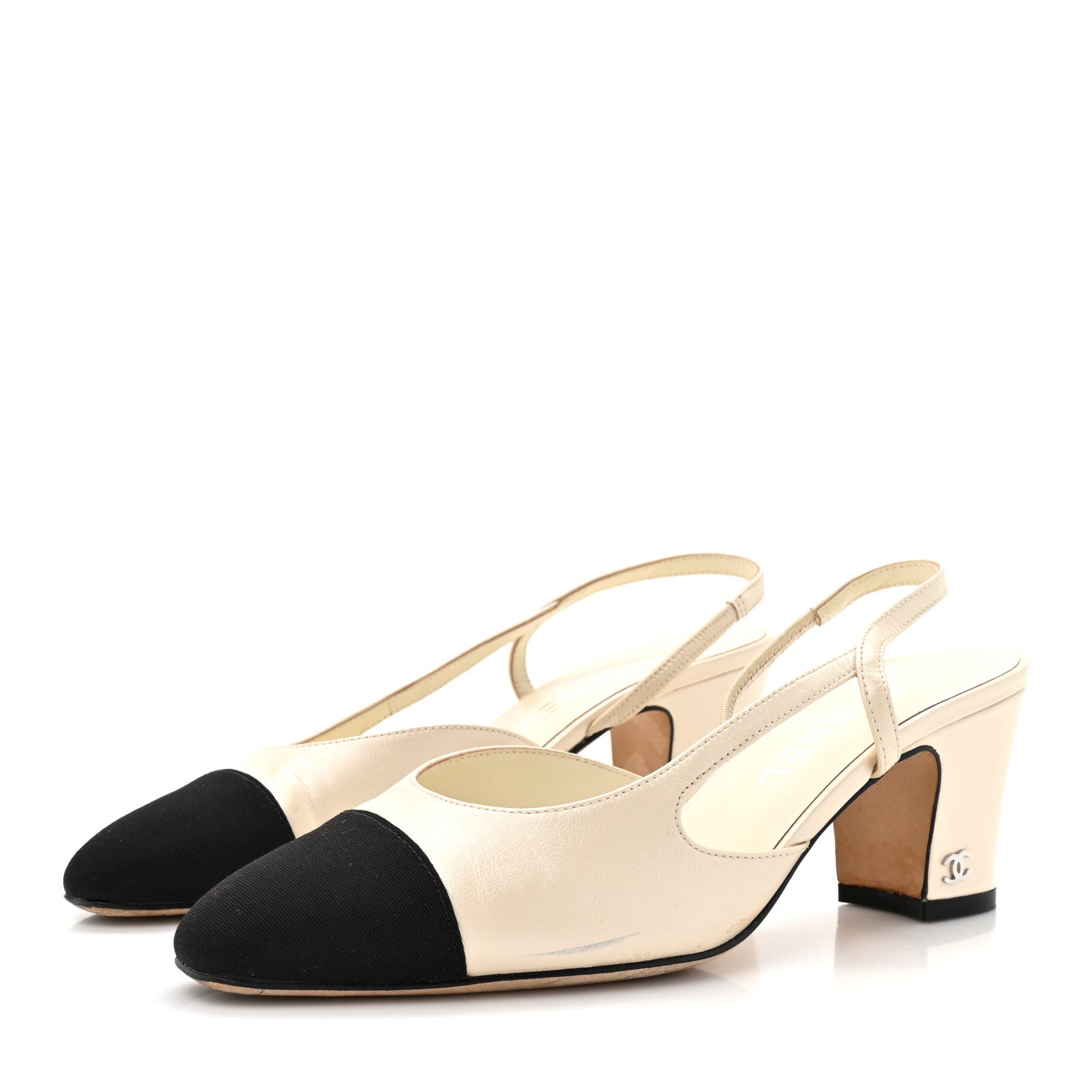 Lambskin Grosgrain Cap Toe CC Slingback Pumps 38 White Black