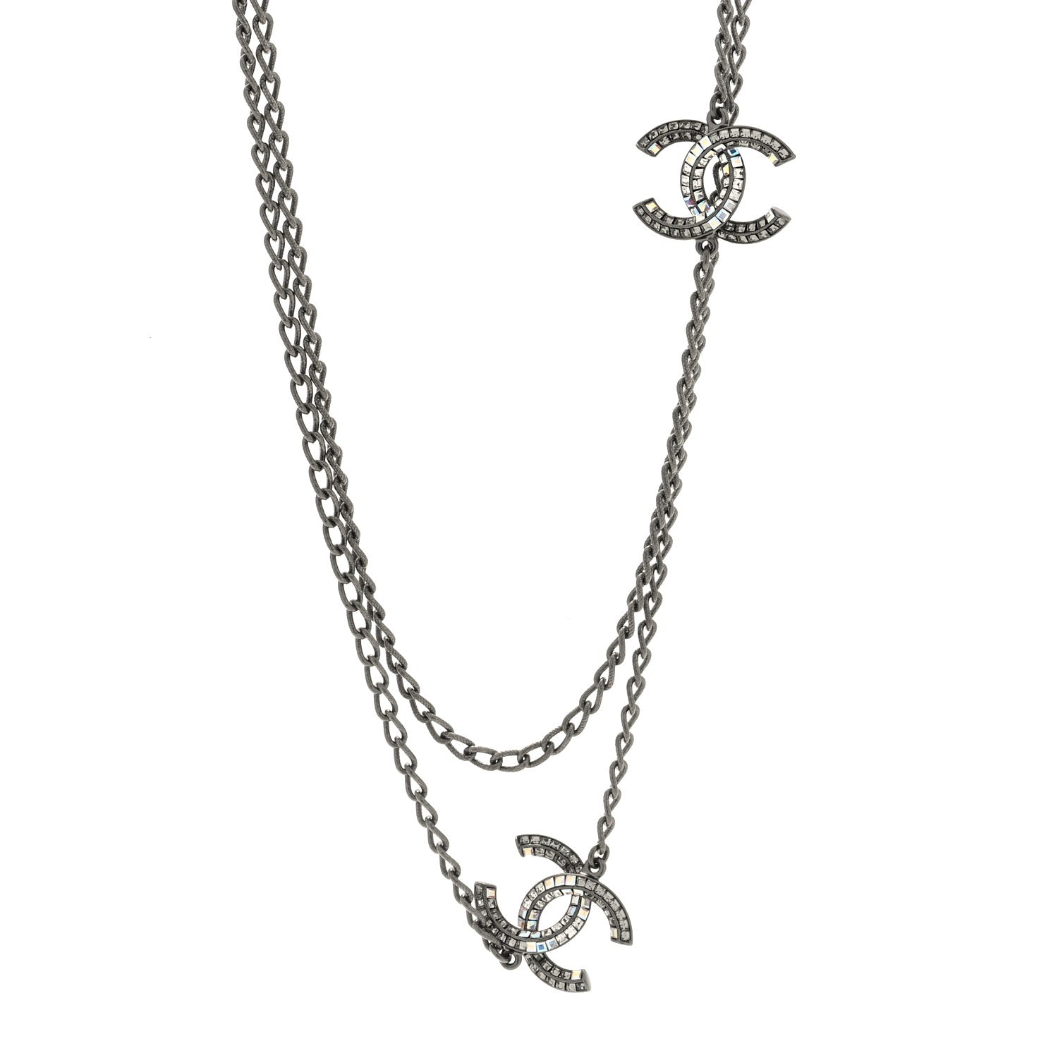 Crystal Baguette CC Double Strand Necklace Silver