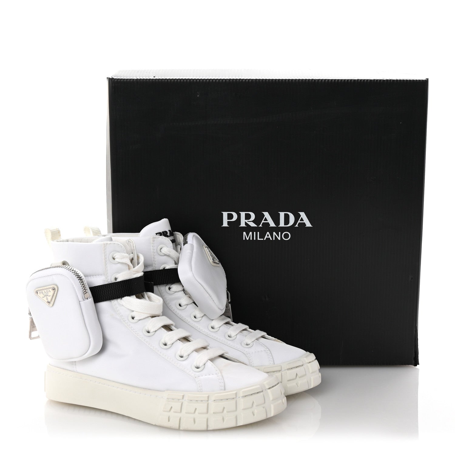 Re-Nylon Gabardine Metal Triangle Logo Wheel Pouch Pocket High Top Sneakers 36 White