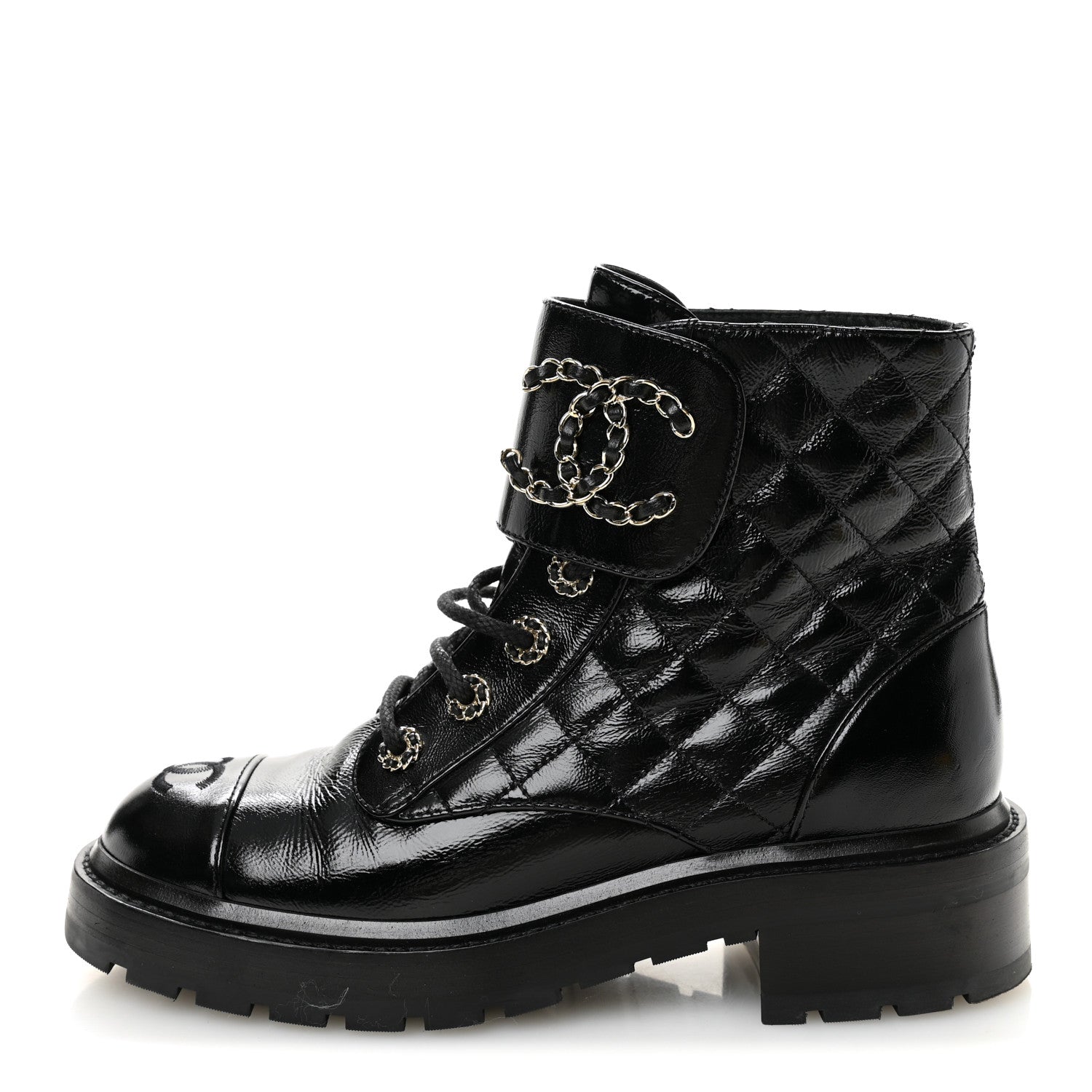 Shiny Calfskin Quilted Lace Up Combat Boots 37.5 Black