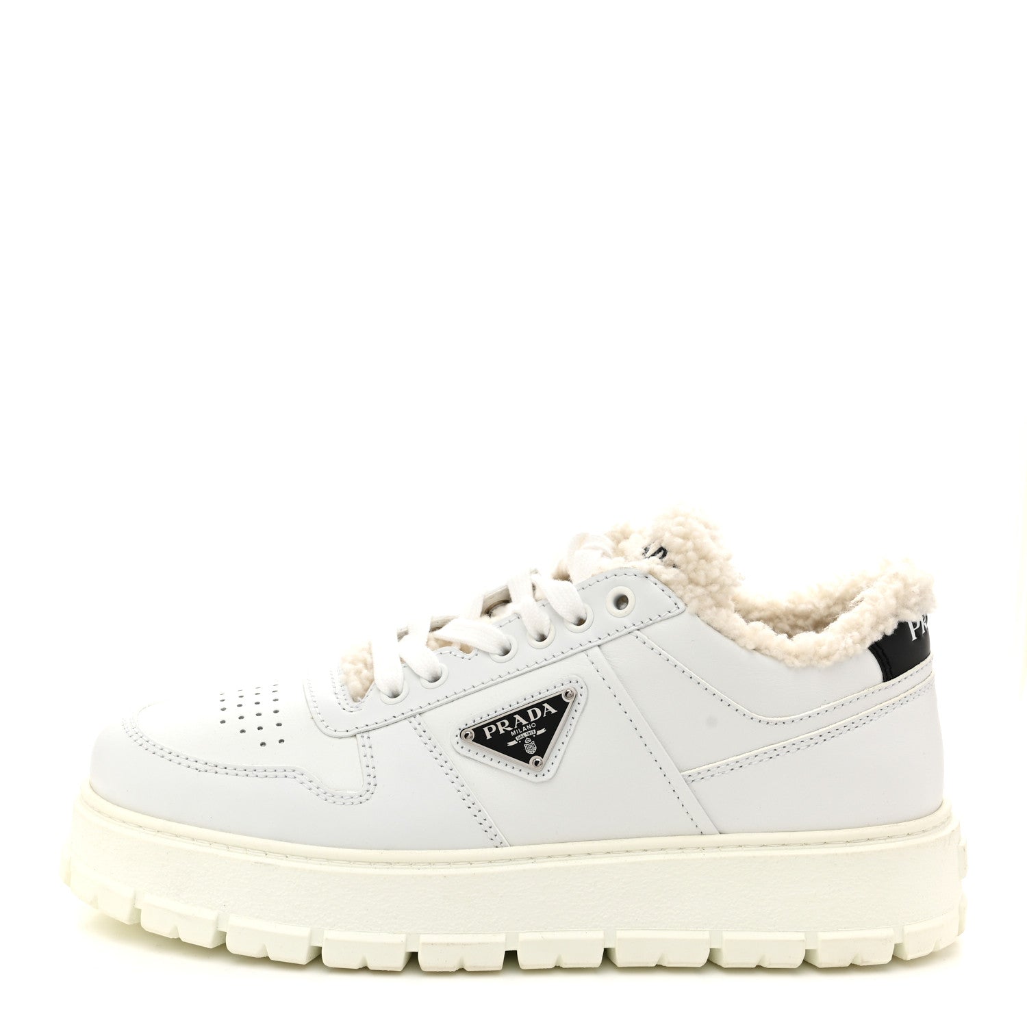 Calfskin Shearling Metal Triangle Logo Sneakers 35.5 White