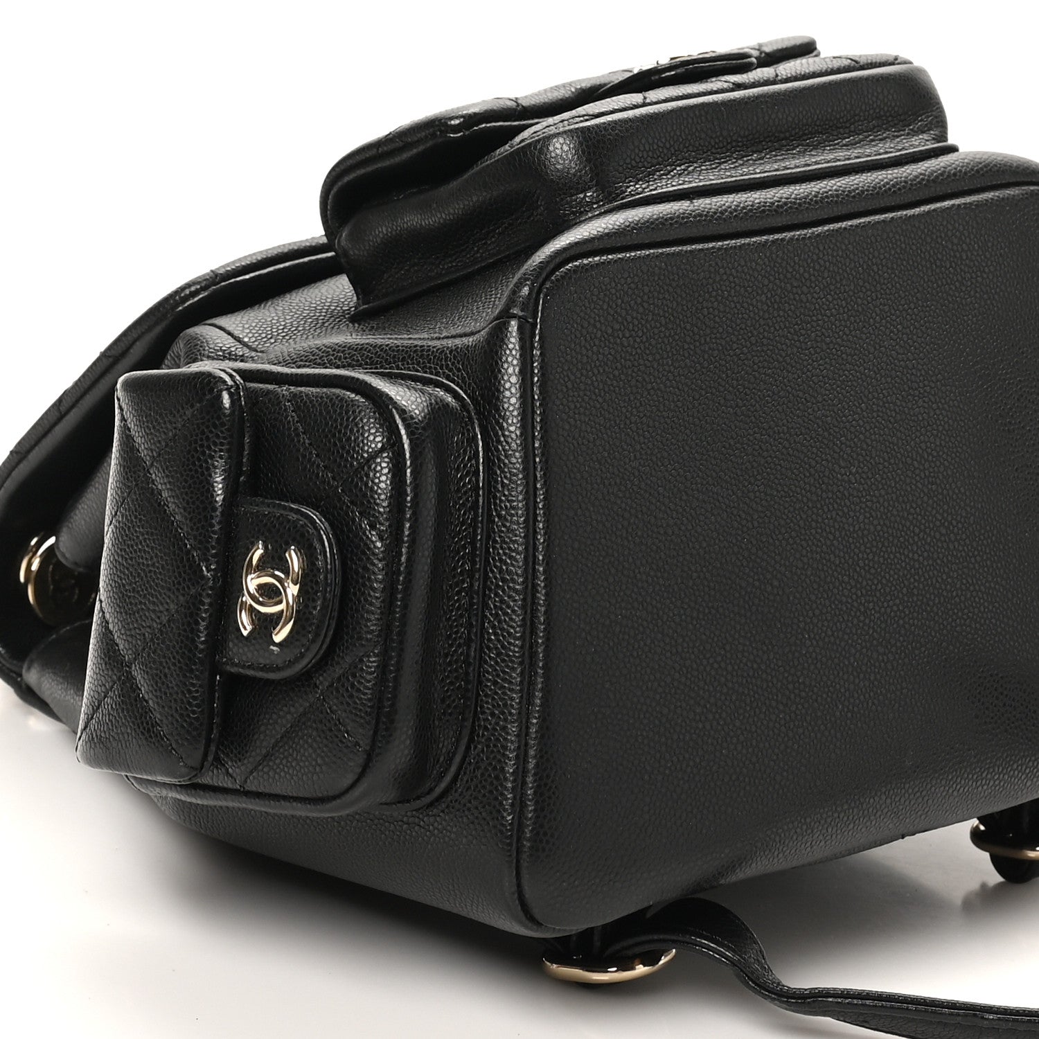 Shiny Caviar Quilted Small Pockets Drawstring Backpack Black
