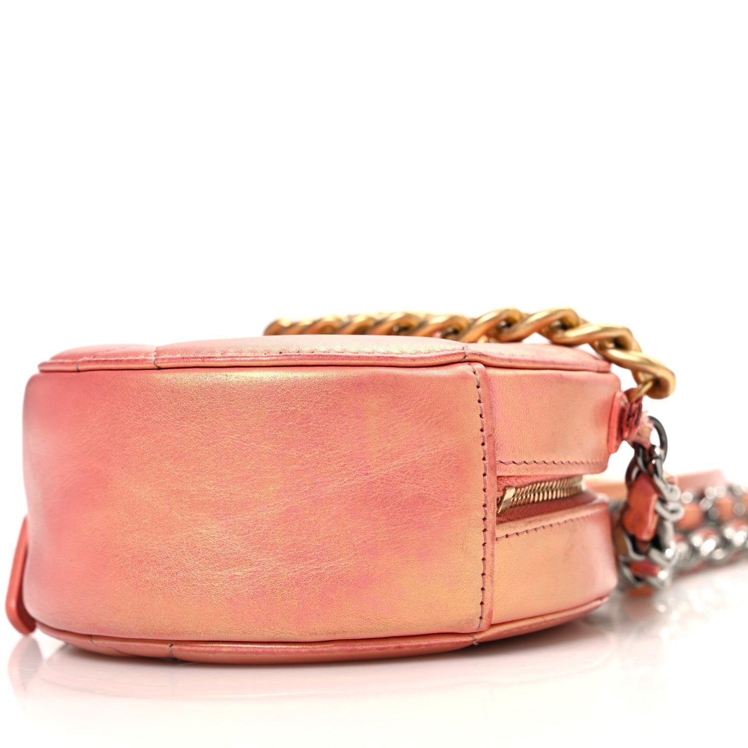 Iridescent Calfskin Quilted Chanel 19 Round Clutch With Chain Pink