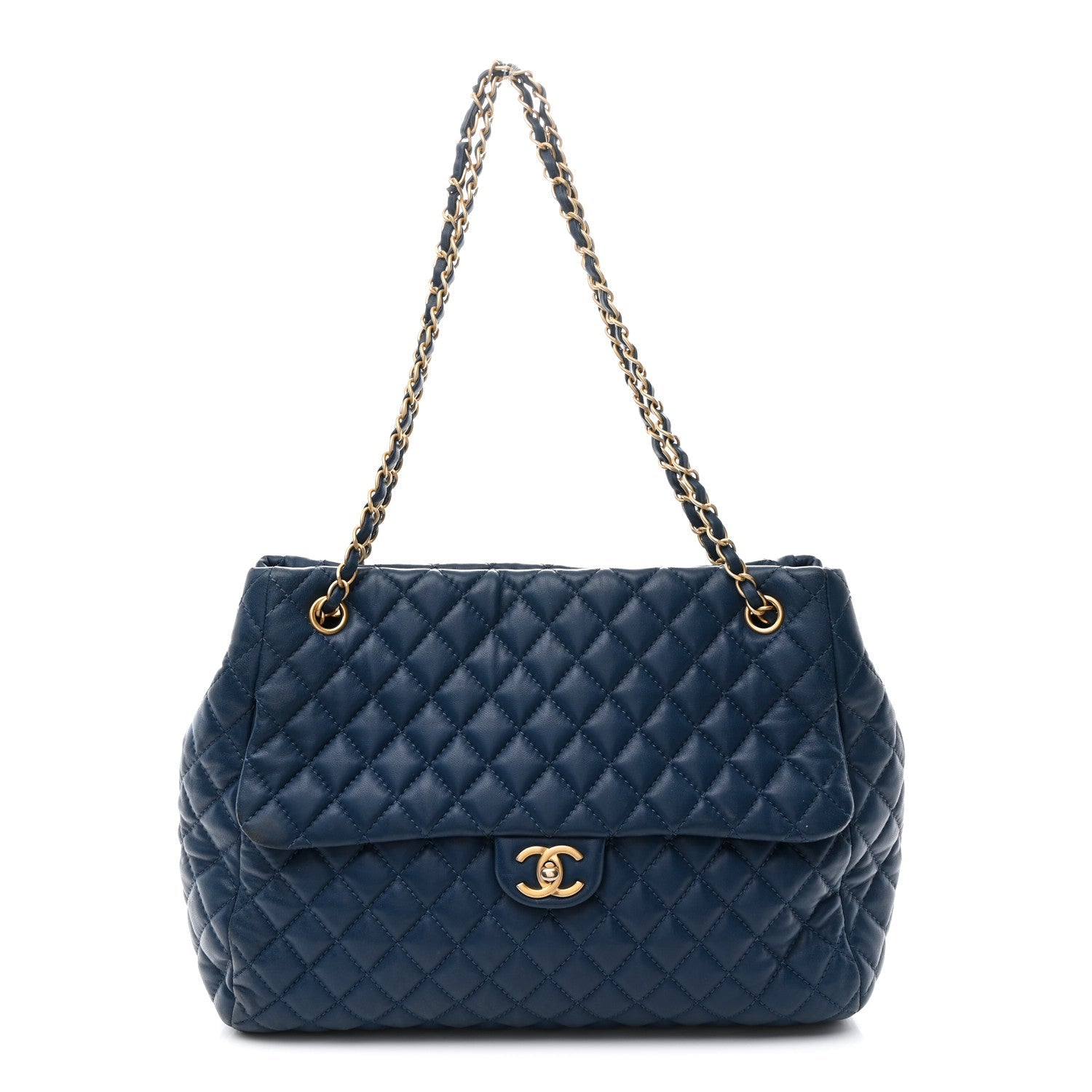 Lambskin Quilted Large Fluffy CC Shopping Tote Blue