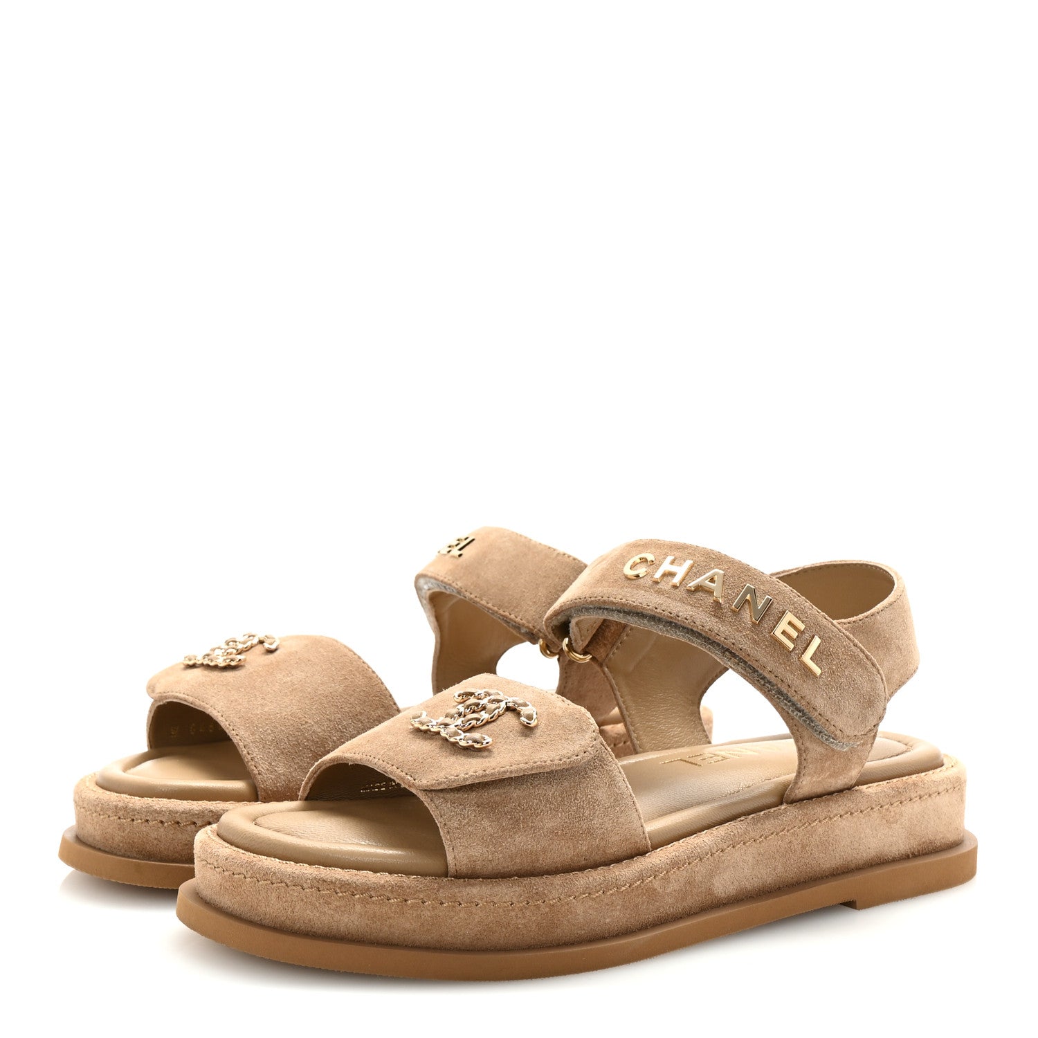 Suede Calfskin Velcro Dad Sandals 36 Beige