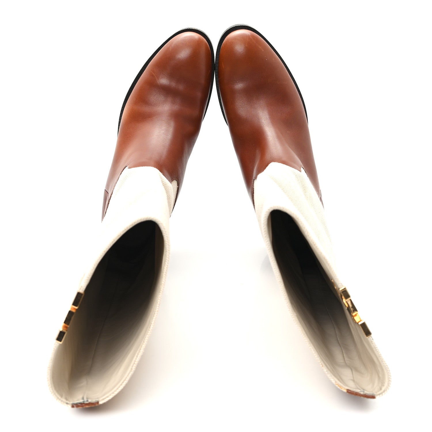 Canvas Calfskin Heritage Flat High Boots 38 Beige Brown