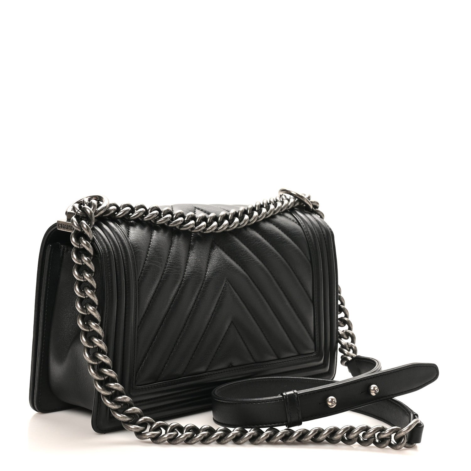 Calfskin Chevron Quilted Medium Boy Flap Black