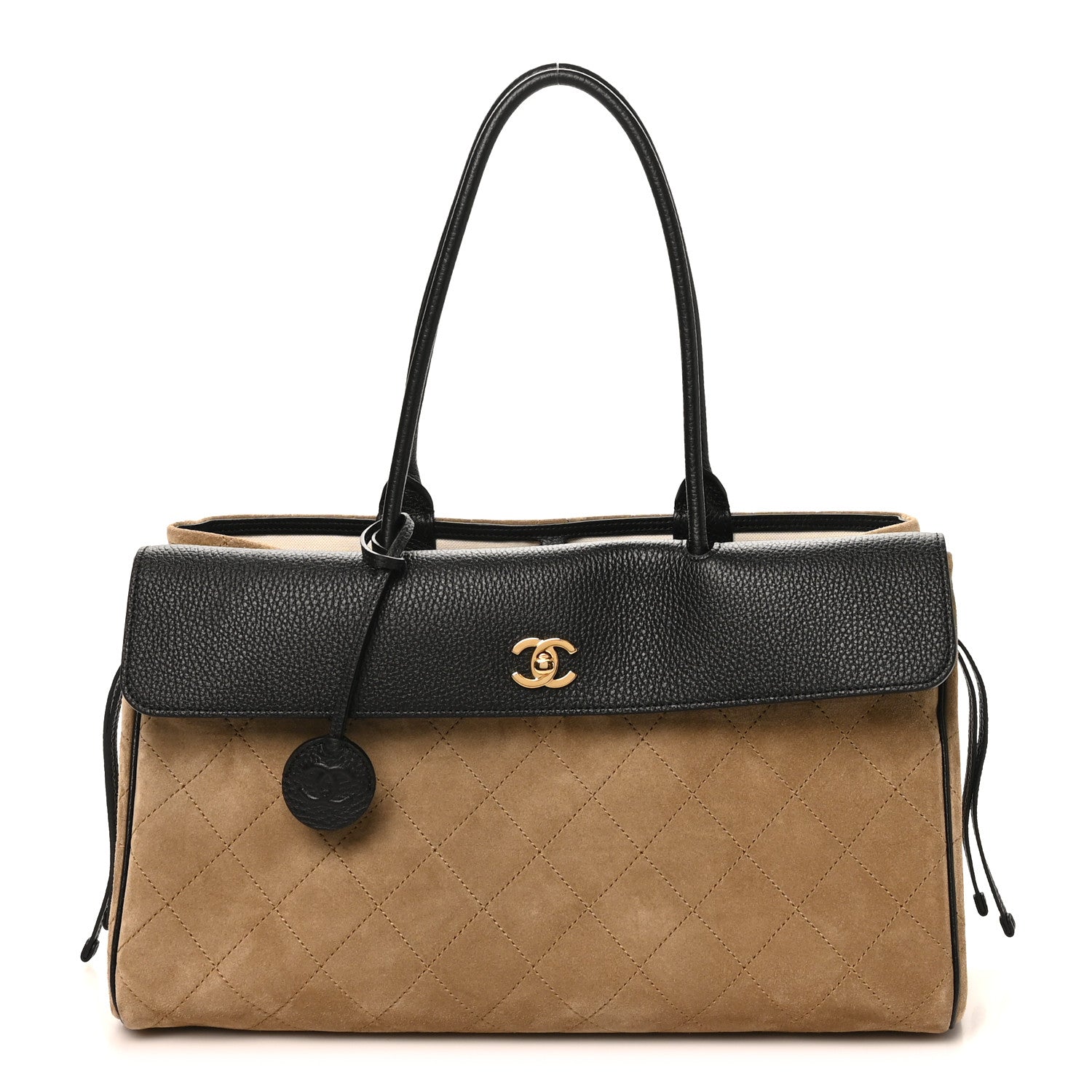 Grained Calfskin Suede Urban Essentials Shopping Bag Beige Black