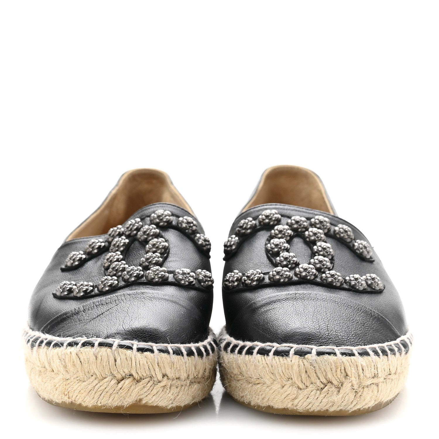 Lambskin Camellia CC Stud Espadrilles 36 Black